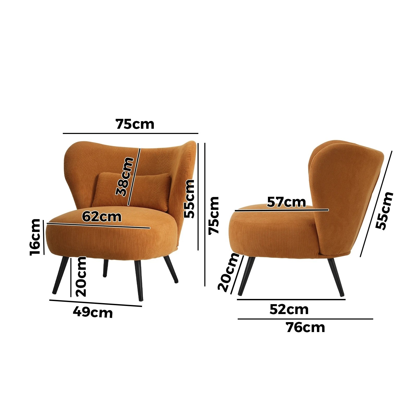 2 Oikiture 2x Armchair Lounge Chair with Lumbar Pillow Wingback Velvet - Orange, 2 of 10