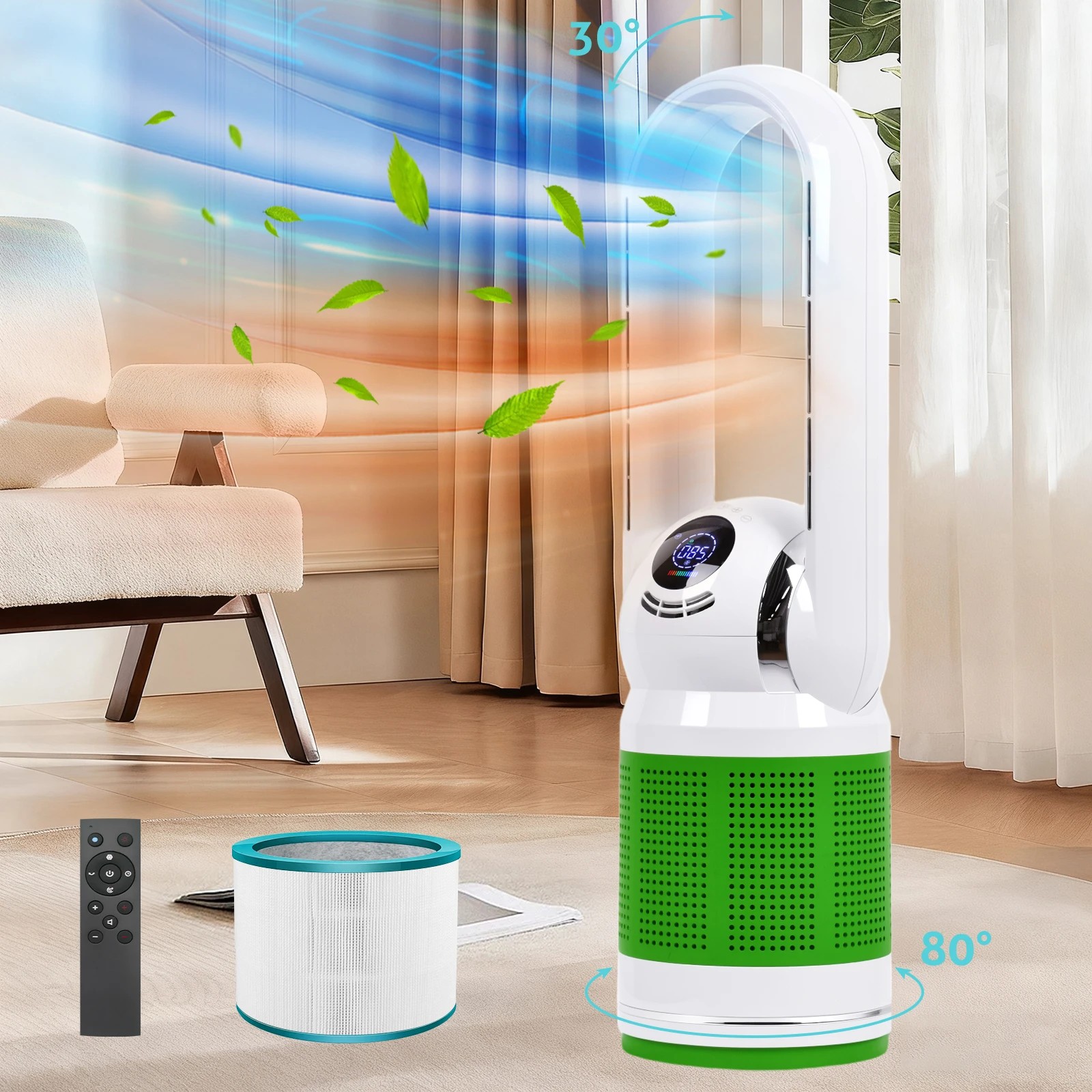 3 Advwin Bladeless Cooler Heater Fan with PM2.5 Monitor HEPA Air Purifier - Green, 3 of 6