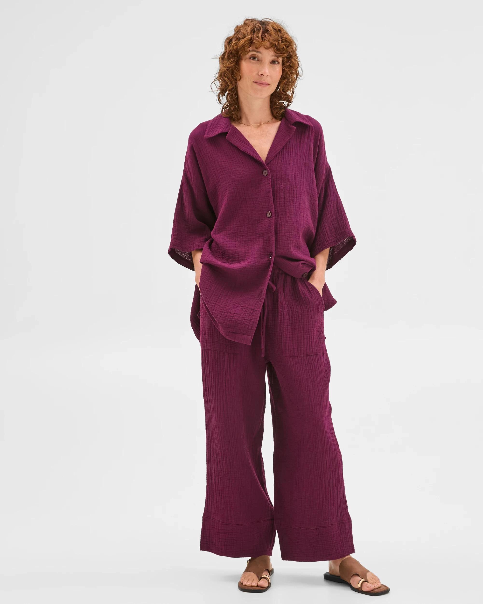 1 Target Woman Resort Australian Cotton Oversized Short Sleeve Shirt DEEP PLUM, 1 of 6