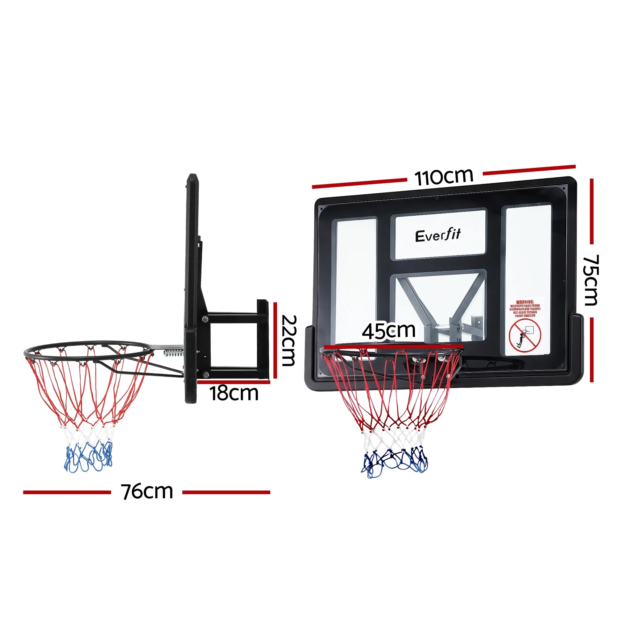 2 Everfit 43-Inch Wall Mount Kids Basketball Hoop, Breakaway Rim & Nylon Net, Indoor Outdoor - Black, 2 of 7