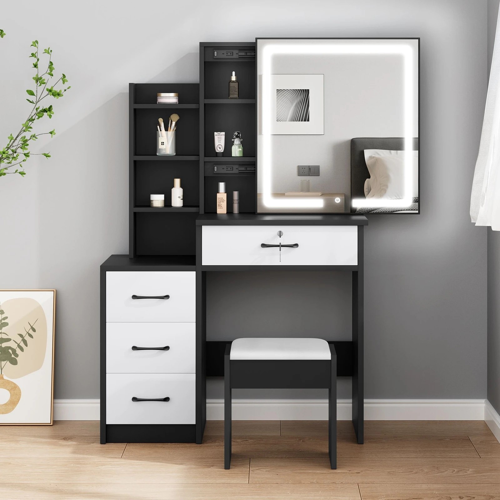 2 Alfordson Dressing Table Stool Set Makeup Mirror Vanity Desk Drawers - Black White, 2 of 10