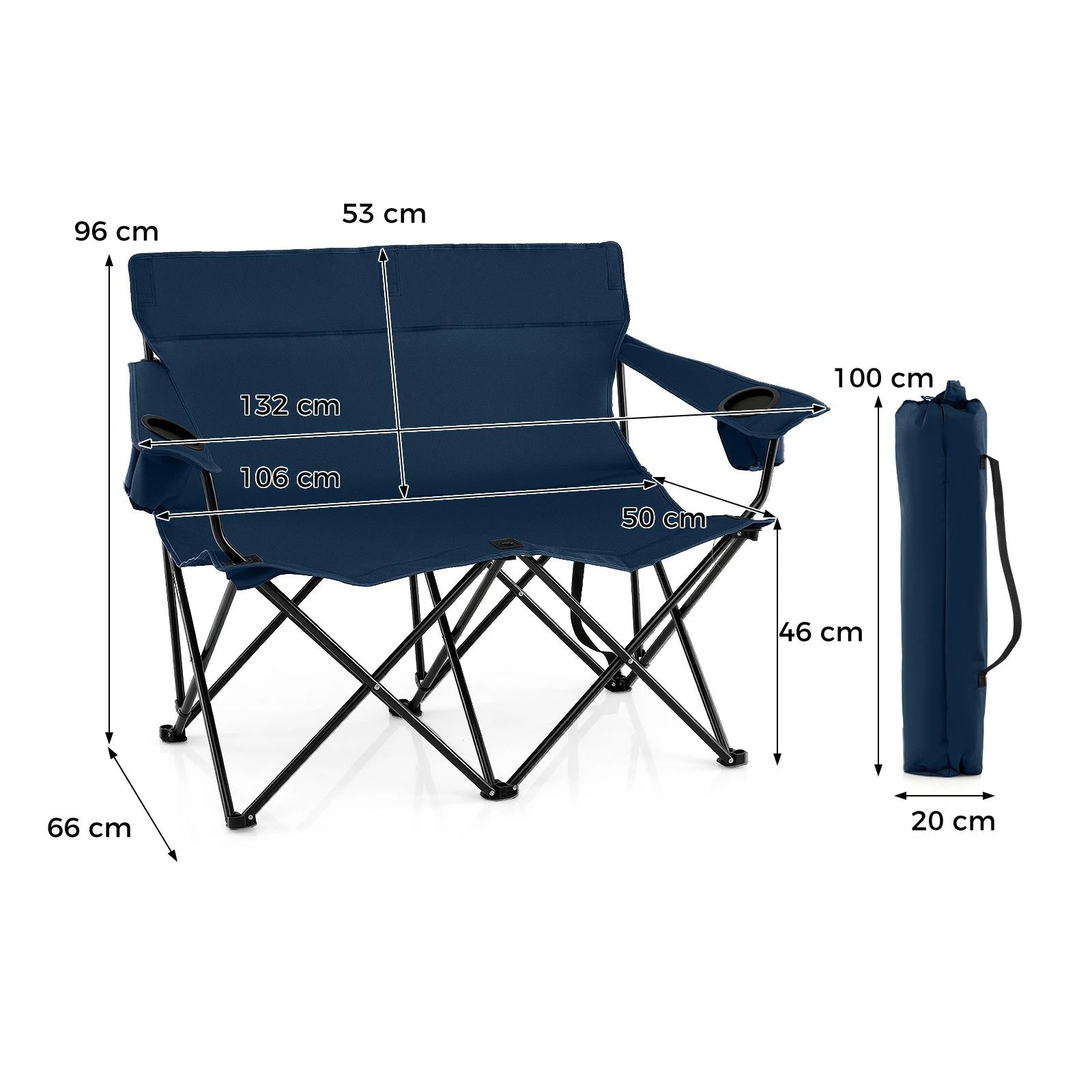 3 Costway Double Camping Chair 2-Person Portable Outdoor Folding Love Seat w/Cup Holders & Armrests - Blue, 3 of 3