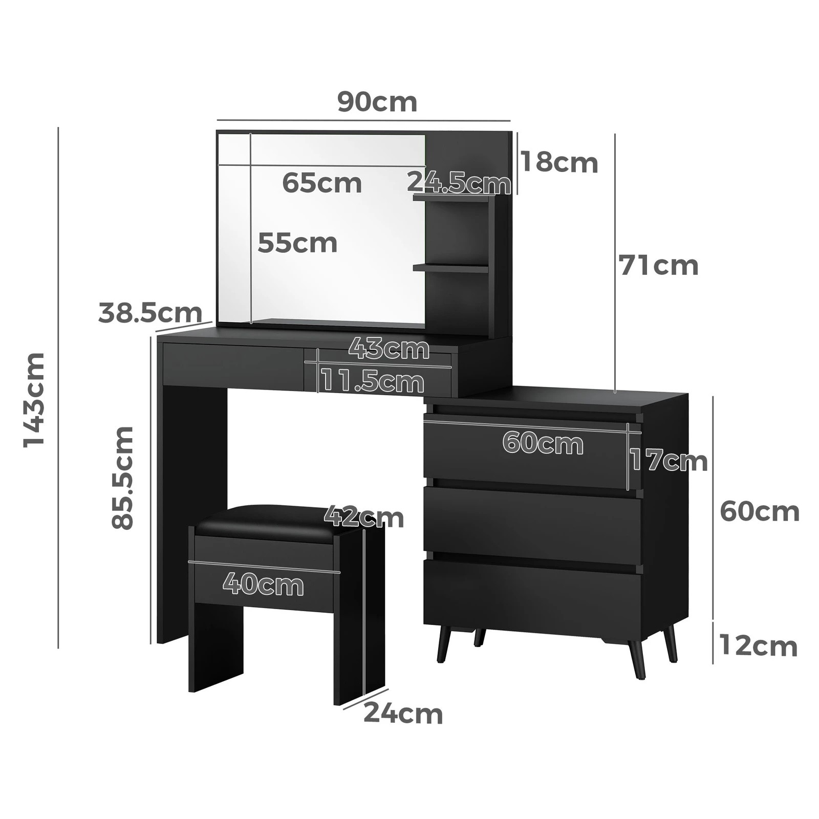 9 Alfordson Dressing Table Stool Set Makeup Mirror Desk Storage Drawers - Black, 9 of 10