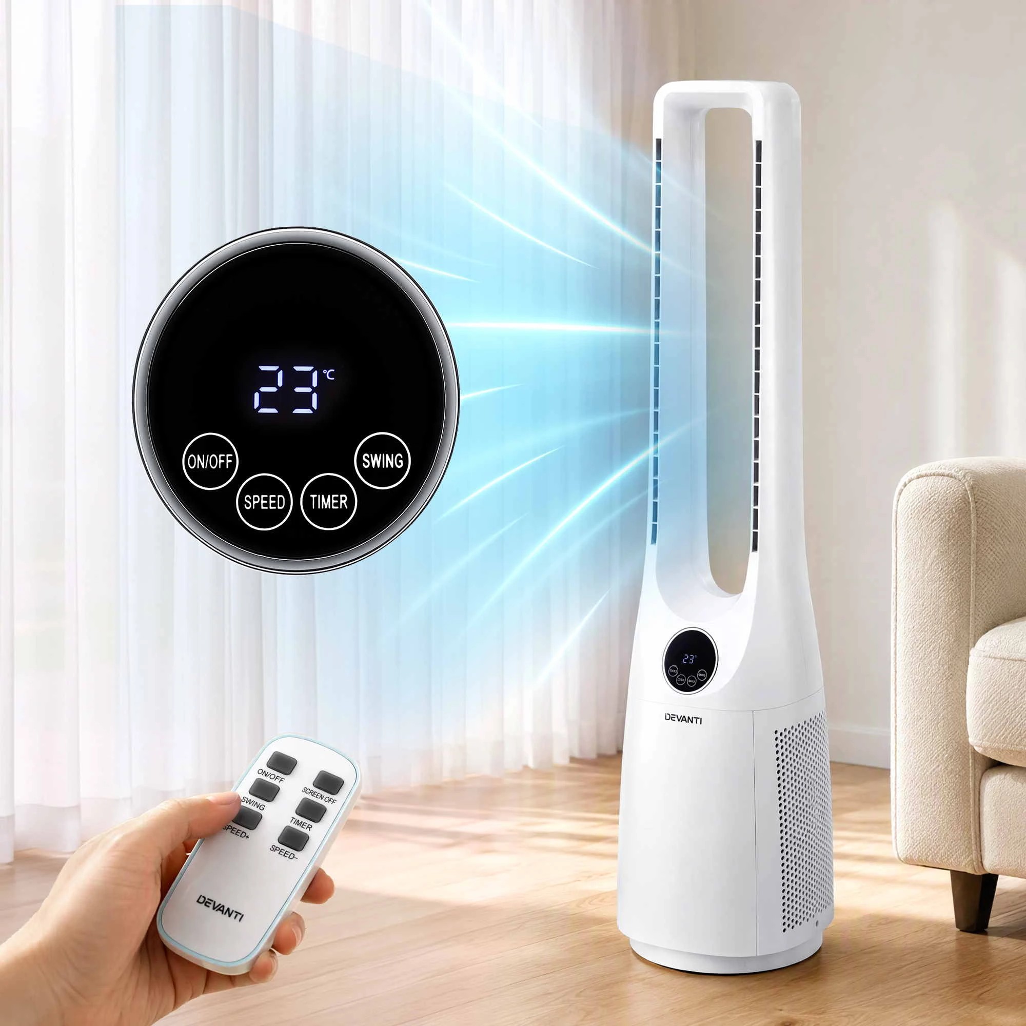 5 Devanti Bladeless Tower Fan 100cm 2-in-1 Cooling Airflow Purifying Remote - White, 5 of 9
