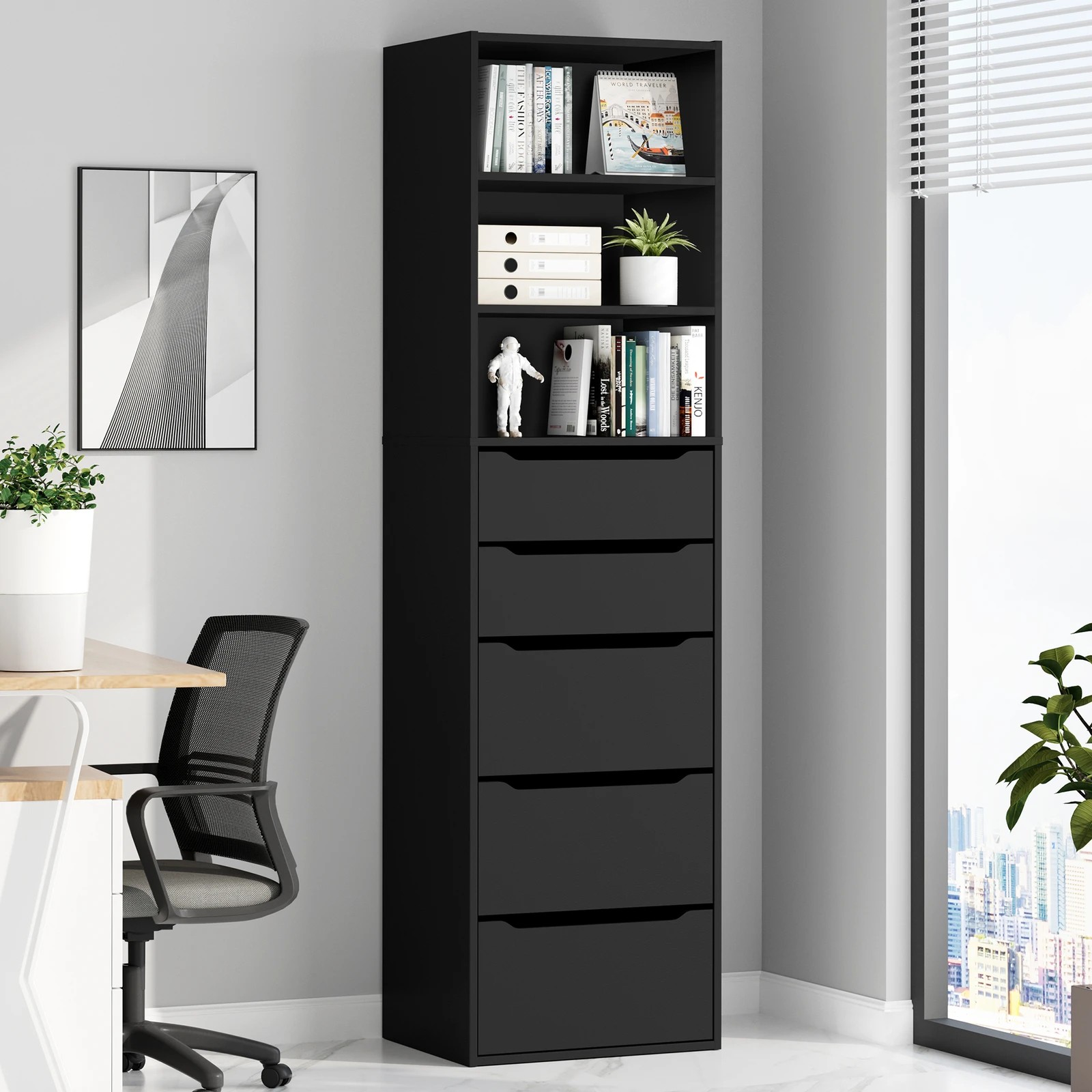 2 Alfordson Chest of 5 Drawers Office Storage Cabinet Tallboy Bedroom - Black, 2 of 10