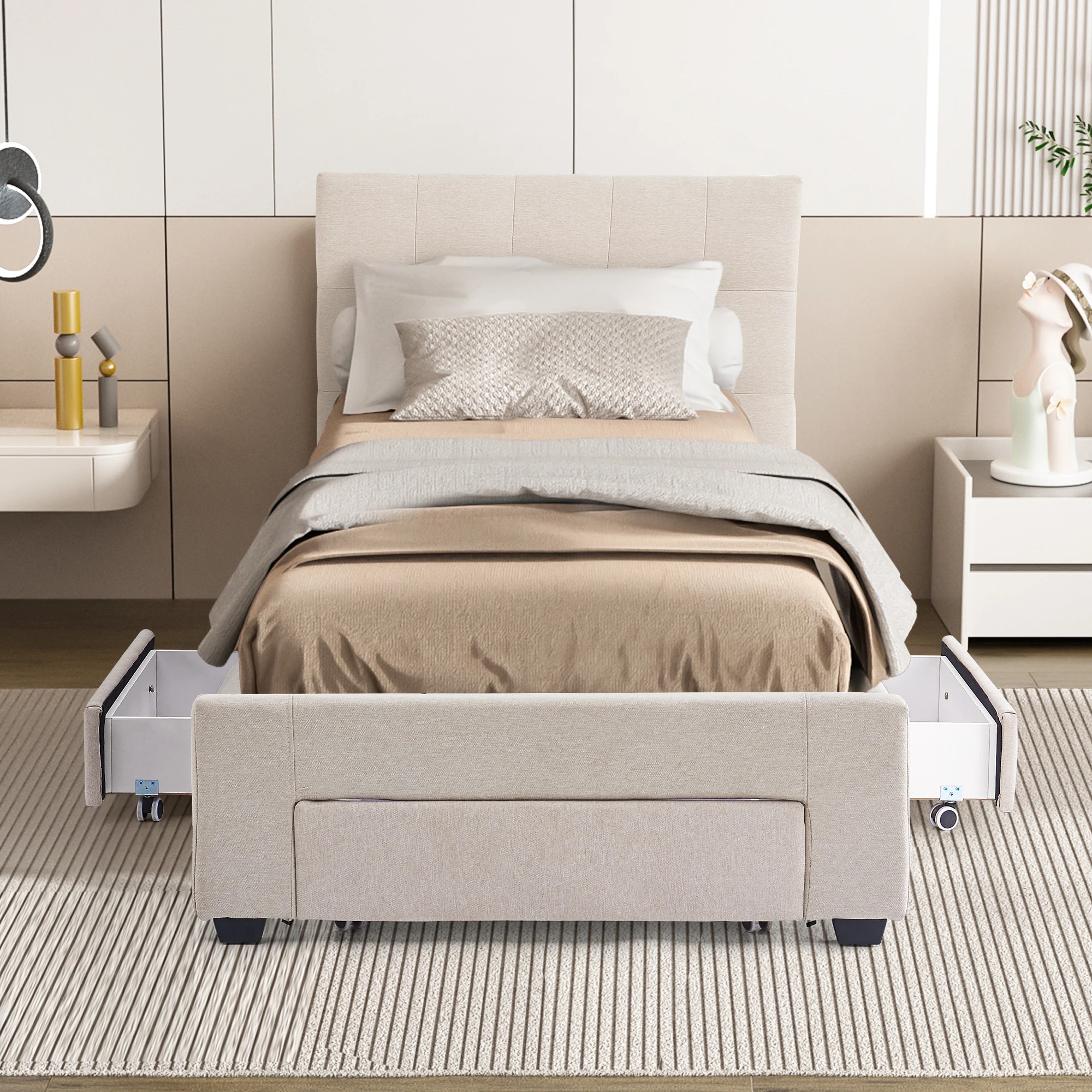 7 Levede Single Storage Bed Frame - Beige, 7 of 9