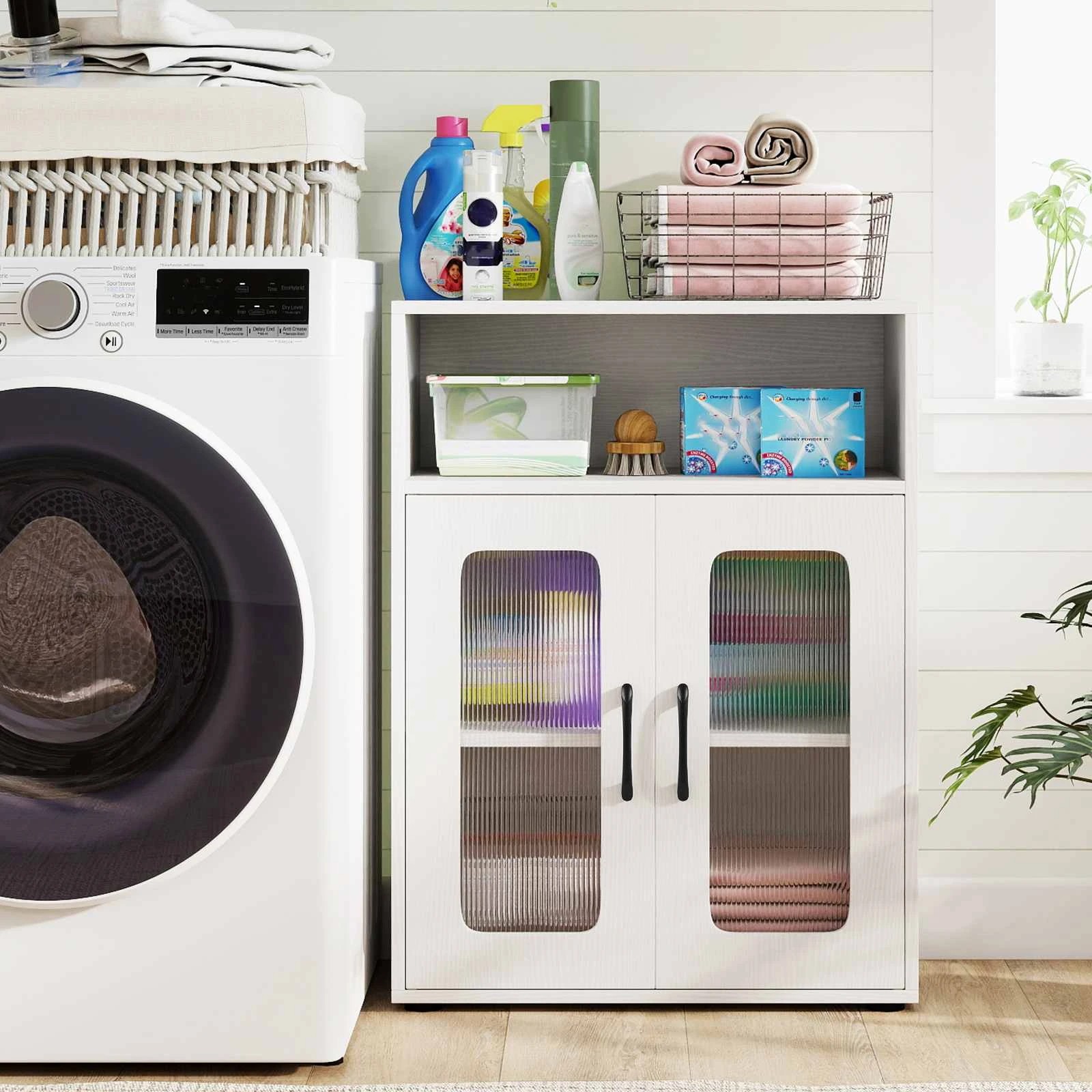 2 Costway 83cm Bathroom Storage Cabinet w/2 See-through Doors Freestanding Organizer Unit, 2 of 5