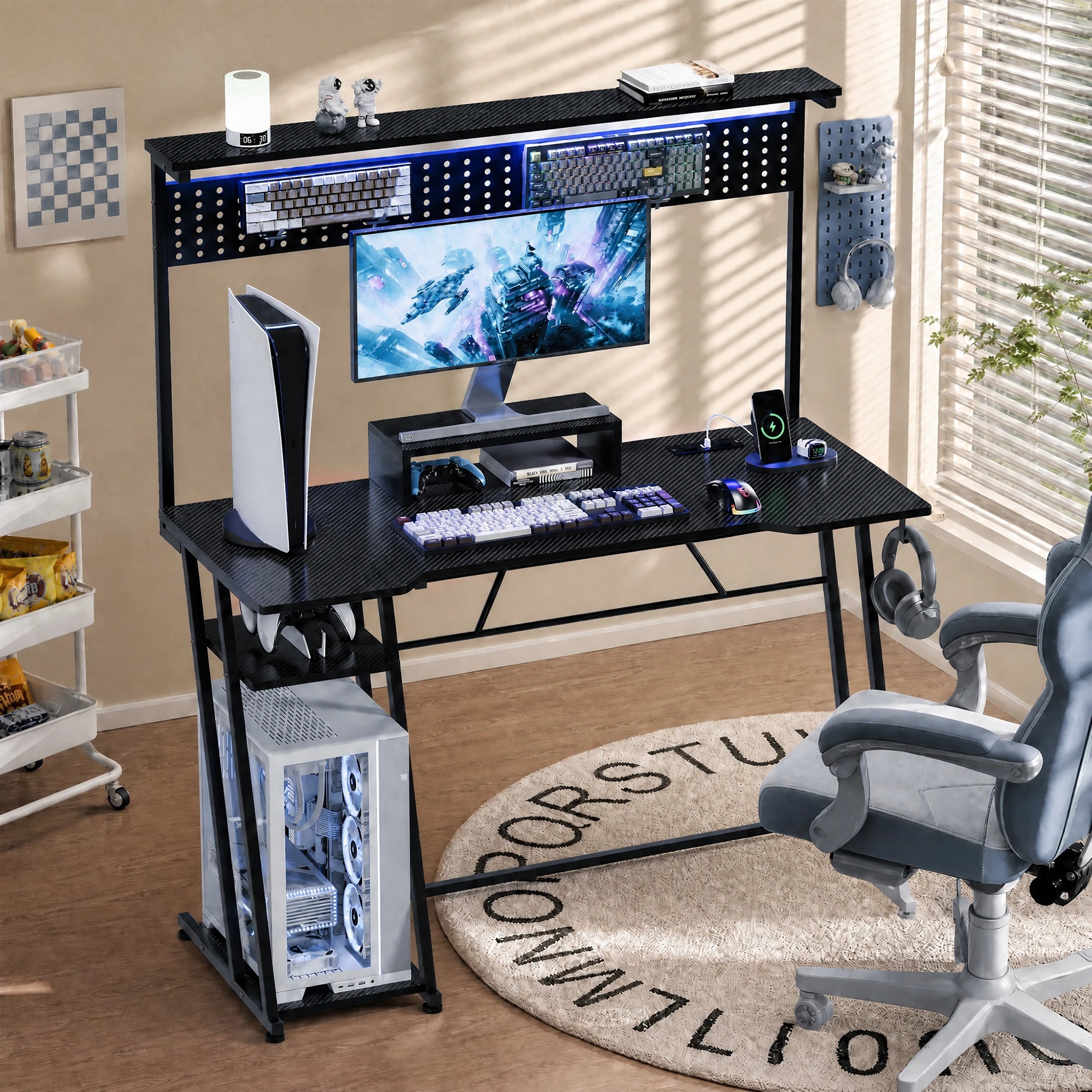 5 Advwin 120cm LED Gaming Desk w/  Power Outlets Reversible Carbon Fiber w/ Shelf hook & Pegboard - Black, 5 of 8