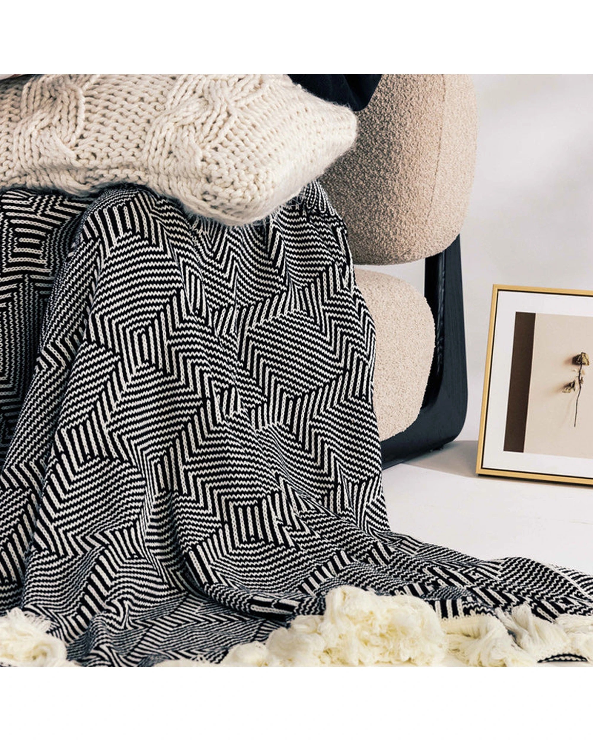 6 Cotton More Eldo Knitted Throw Blanket Fringed Edges 130x180cm - Multi, 6 of 6