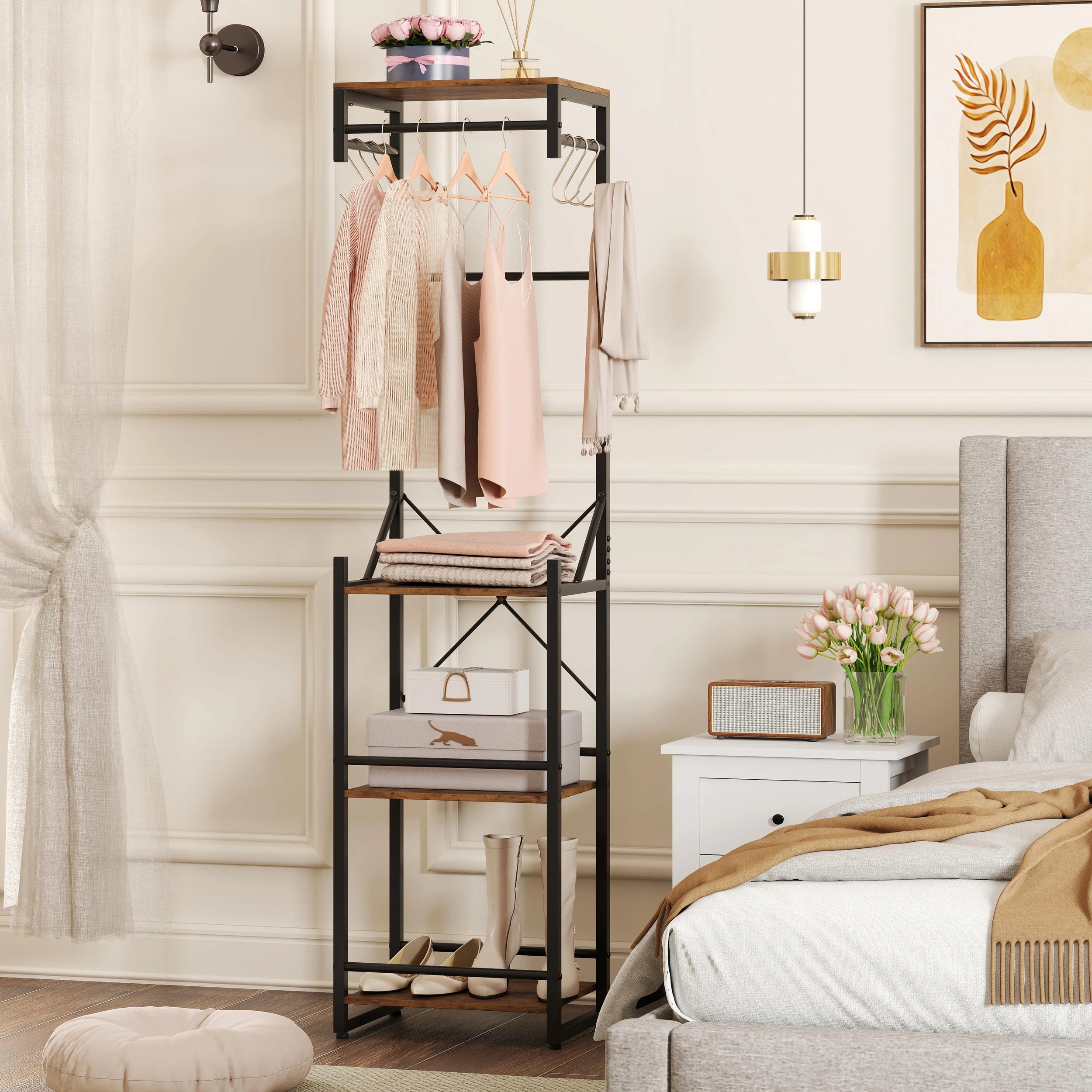 3 Costway Coat Rack Clothes Stand Hall Tree Shoe Rack w/Hook Shelf Hanging Rod Metal Storage Organiser - Brown, 3 of 4
