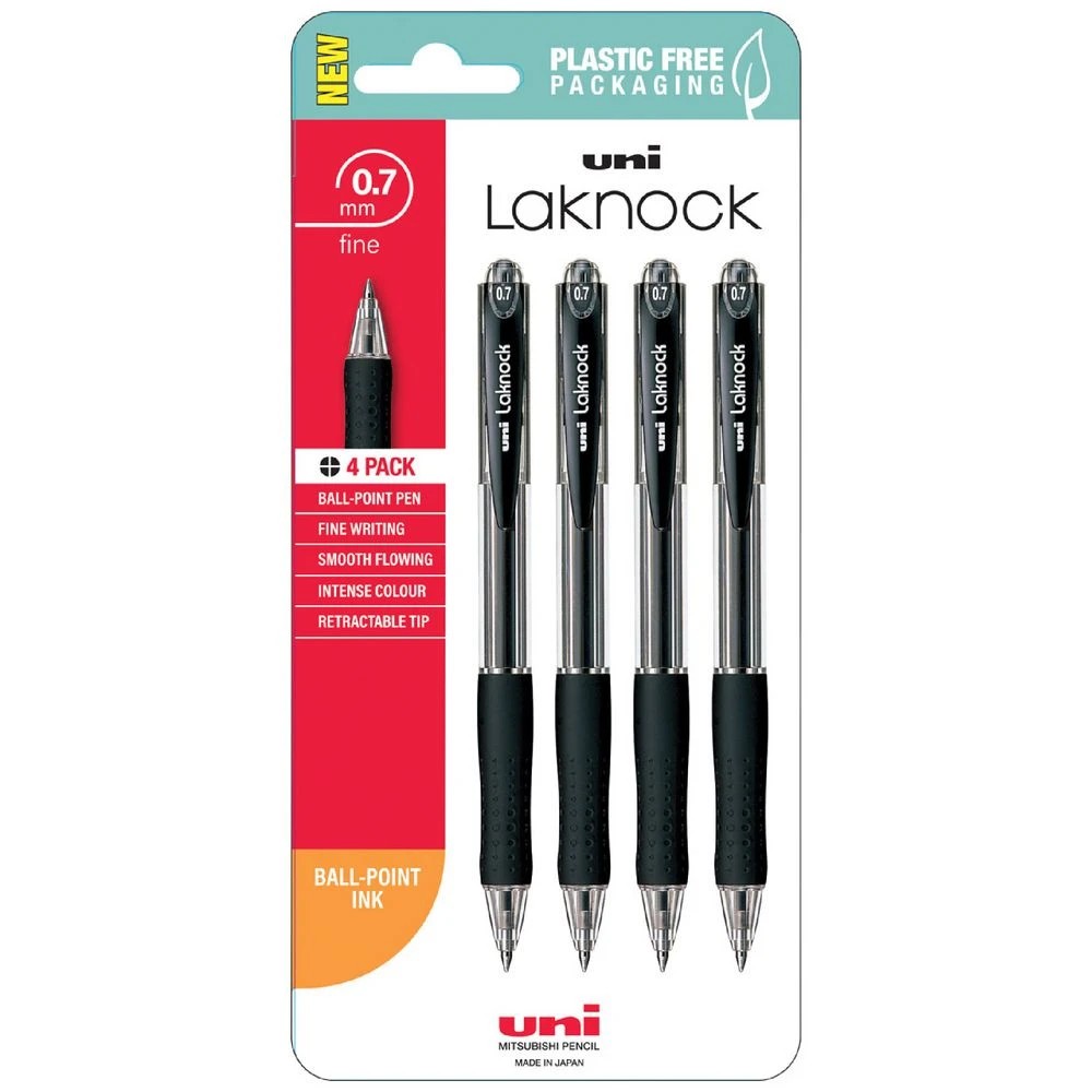 1 Uni Laknock Retractable Ballpoint Pens 0.7mm Black 4 Pack, 1 of 2