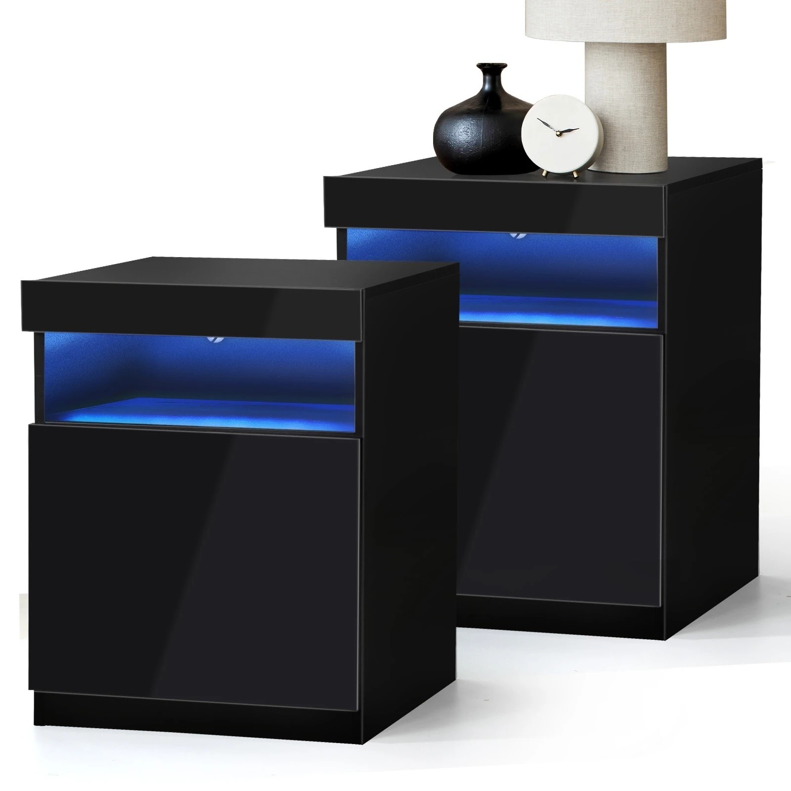 1 Oikiture Bedside Tables Set of 2 LED Nightstand Shelf Side End Table - Black, 1 of 7