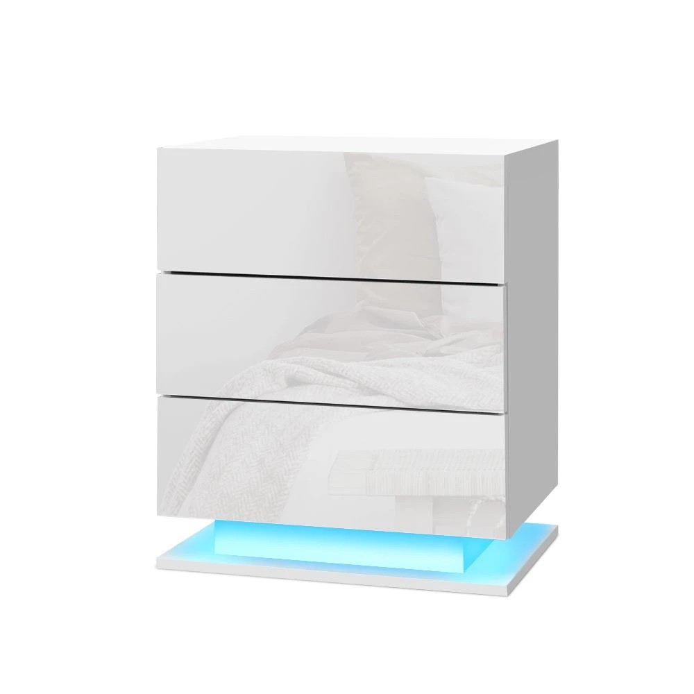 1 Artiss Bedside Table LED 3 Drawers - White, 1 of 5