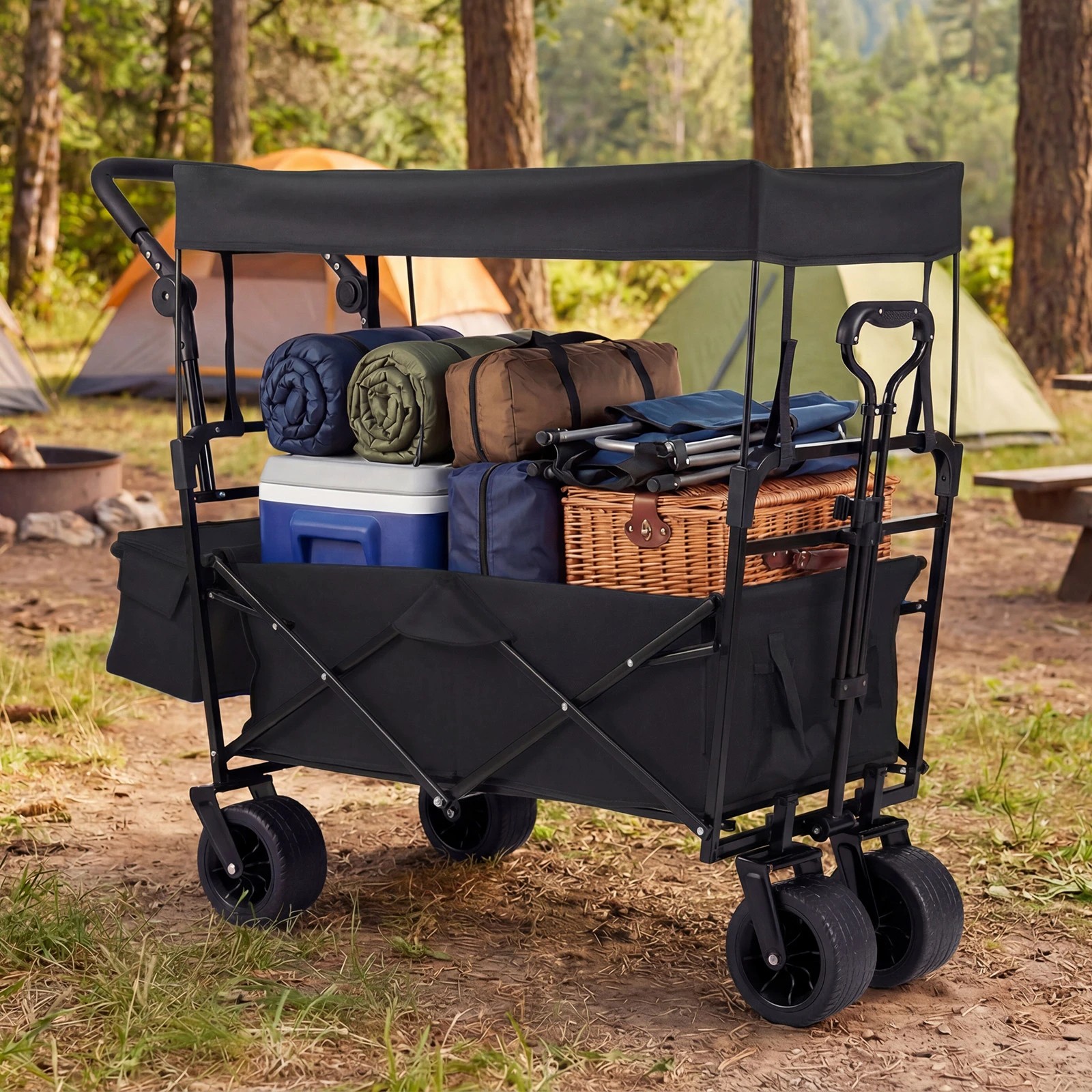 2 Costway Adjustable Wagon Cart Folding Camping Utility Trolley w/Canopy Handle Outdoor - Black, 2 of 3