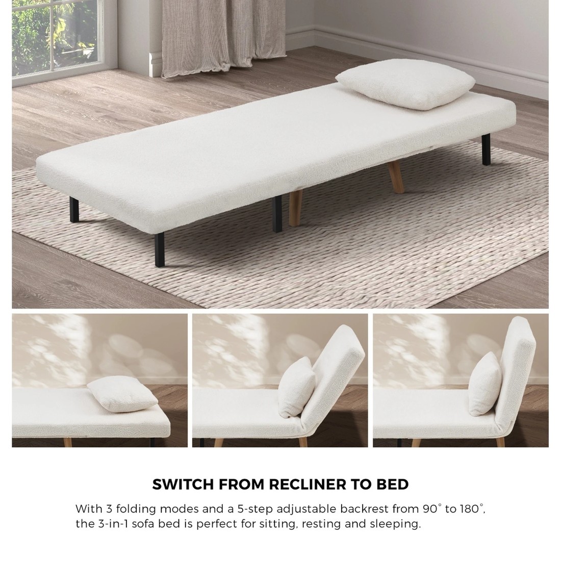 4 Oikiture Sofa Bed Lounge Chair Sherpa Fabric Recliner Wood Leg Single Seat
 - White, 4 of 10