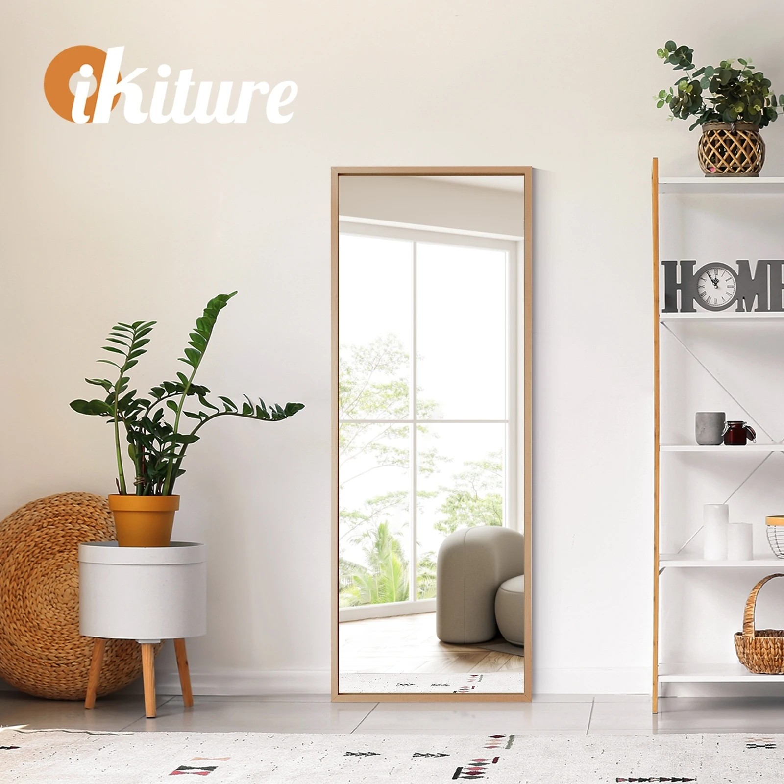 6 Oikiture Wood 166x60cm Full Length Mirror Rectangle Floor Mirrors Free Standing
 - Natural, 6 of 9