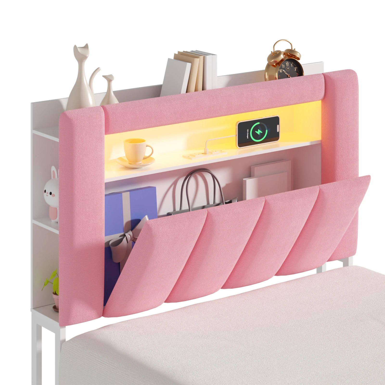 4 Advwin Kingsingle Bed Frame with LED Shelves and Charging Station - Pink, 4 of 7