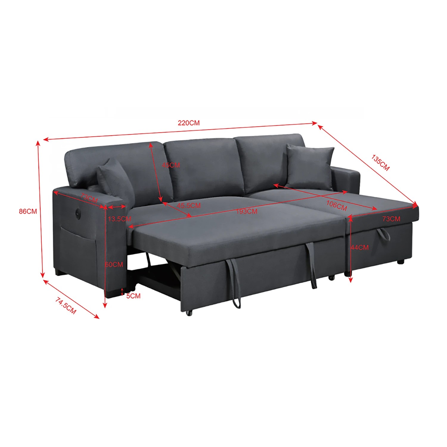 6 Foret 3 Seater Modular Sofa Bed Corner Lounge Pullout Storage Usb Charcoal, 6 of 9