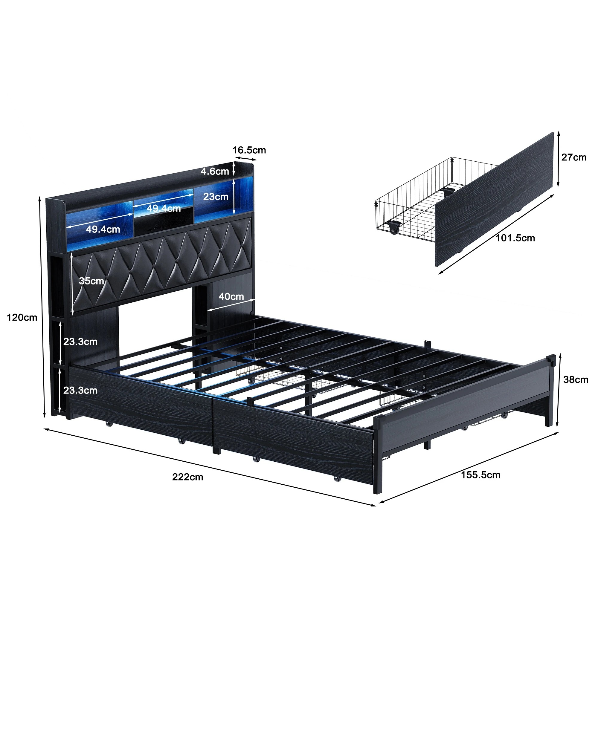 3 Advwin Queen Bed Frame with 4 Storage Drawers and Charging Station - Black, 3 of 9