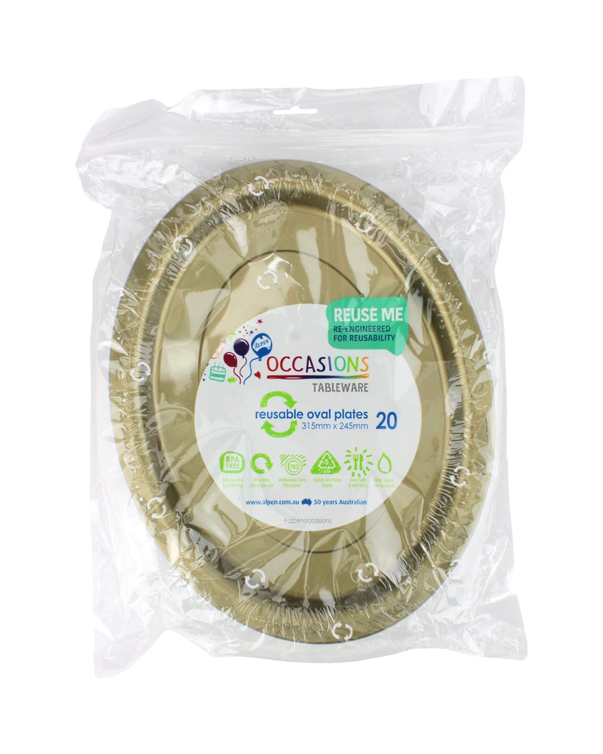 2 Alpen Reusable Oval Plates 31.5cm Pack of 20 - Gold - Gold, 2 of 3