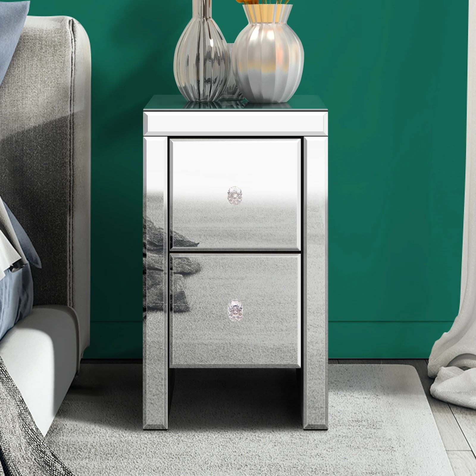 10 Alfordson Bedside Table Mirrored Cabinet Nightstand Side End Table Drawers - Silver, 10 of 10