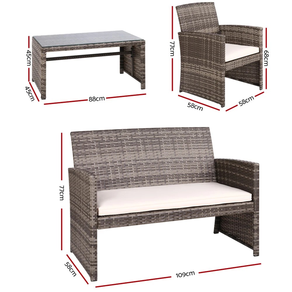 2 Gardeon 4 PCS Outdoor Sofa Set Rattan Chair Table Setting Garden Furniture - Grey, 2 of 5