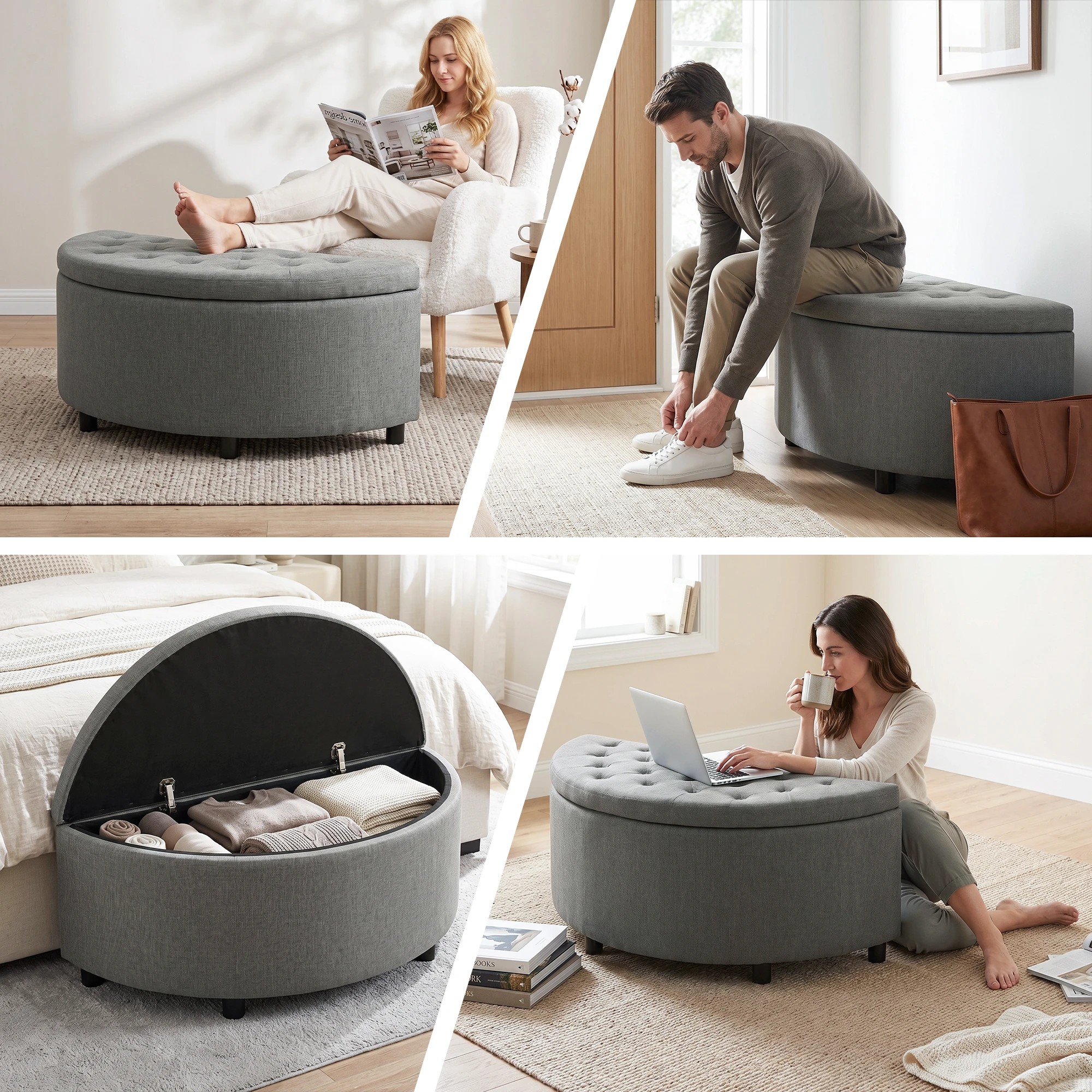 5 Artiss Storage Ottoman Bench Fabric Tufted Half Round Footstool - Grey, 5 of 6