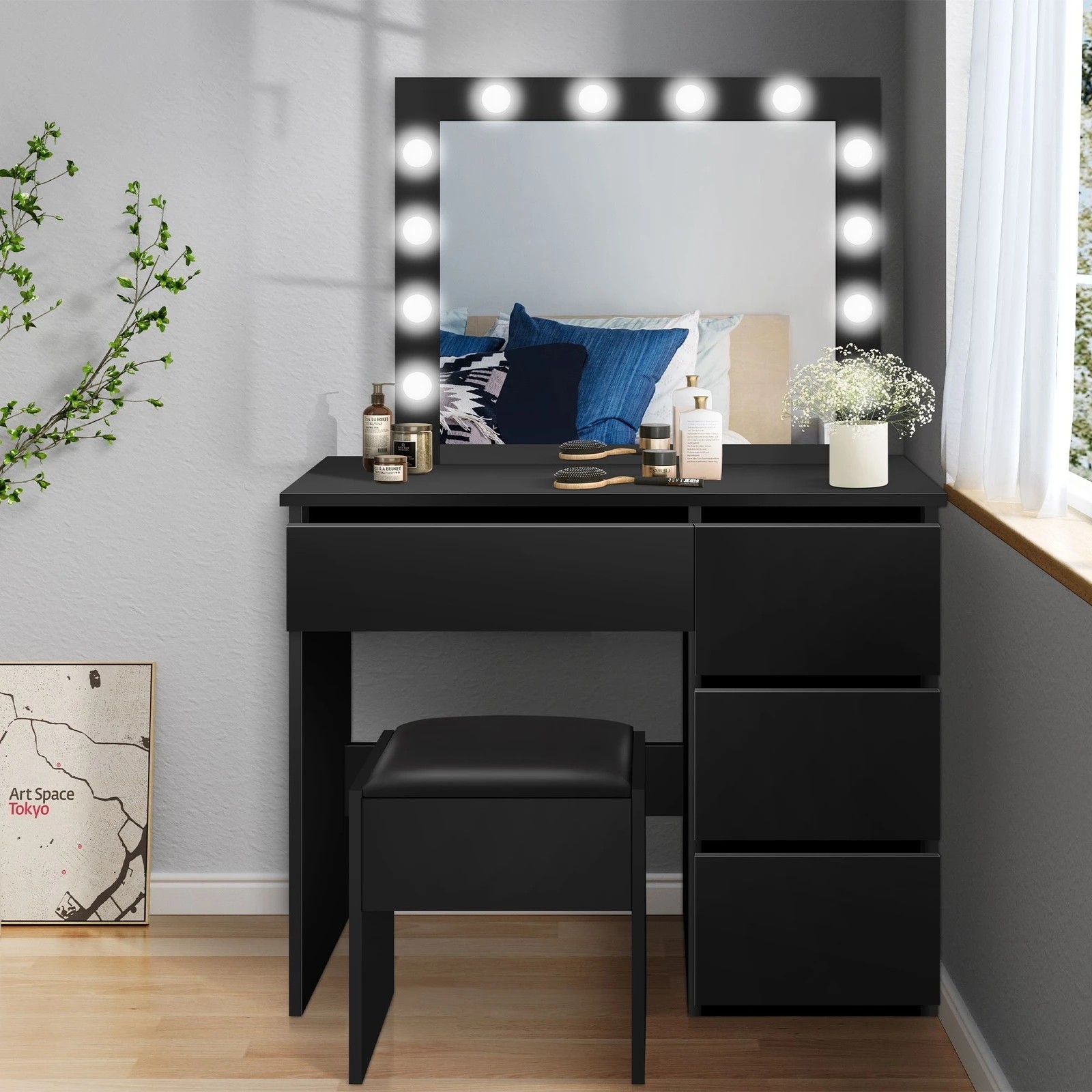 2 Alfordson Dressing Table Stool Set Makeup Mirror Desk LED 12 Bulbs - Black, 2 of 10