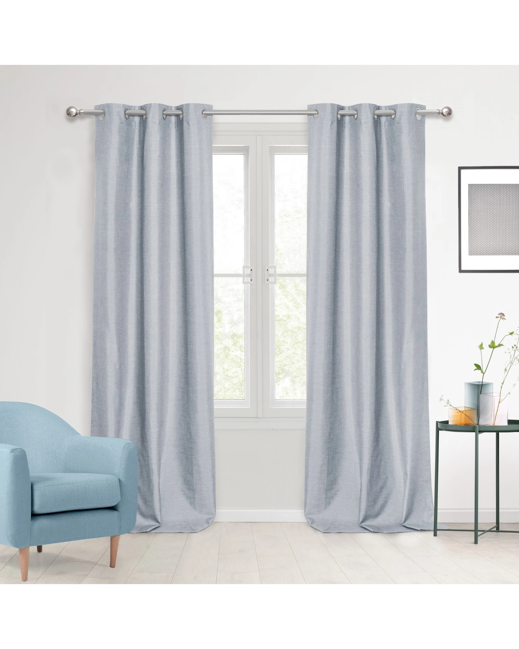 1 Sherwood Faux Linen 100% Blockout Eyelet Curtain Pair 90x223cm - Ocean, 1 of 5