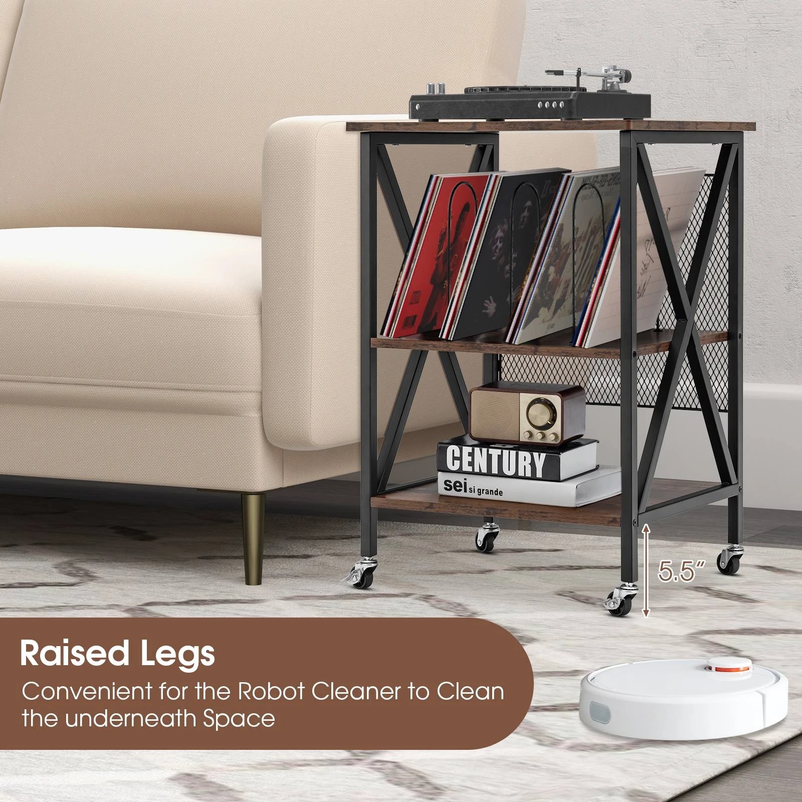5 Costway Rolling Record Player Stand 3-Tier Side End Table, 5 of 10