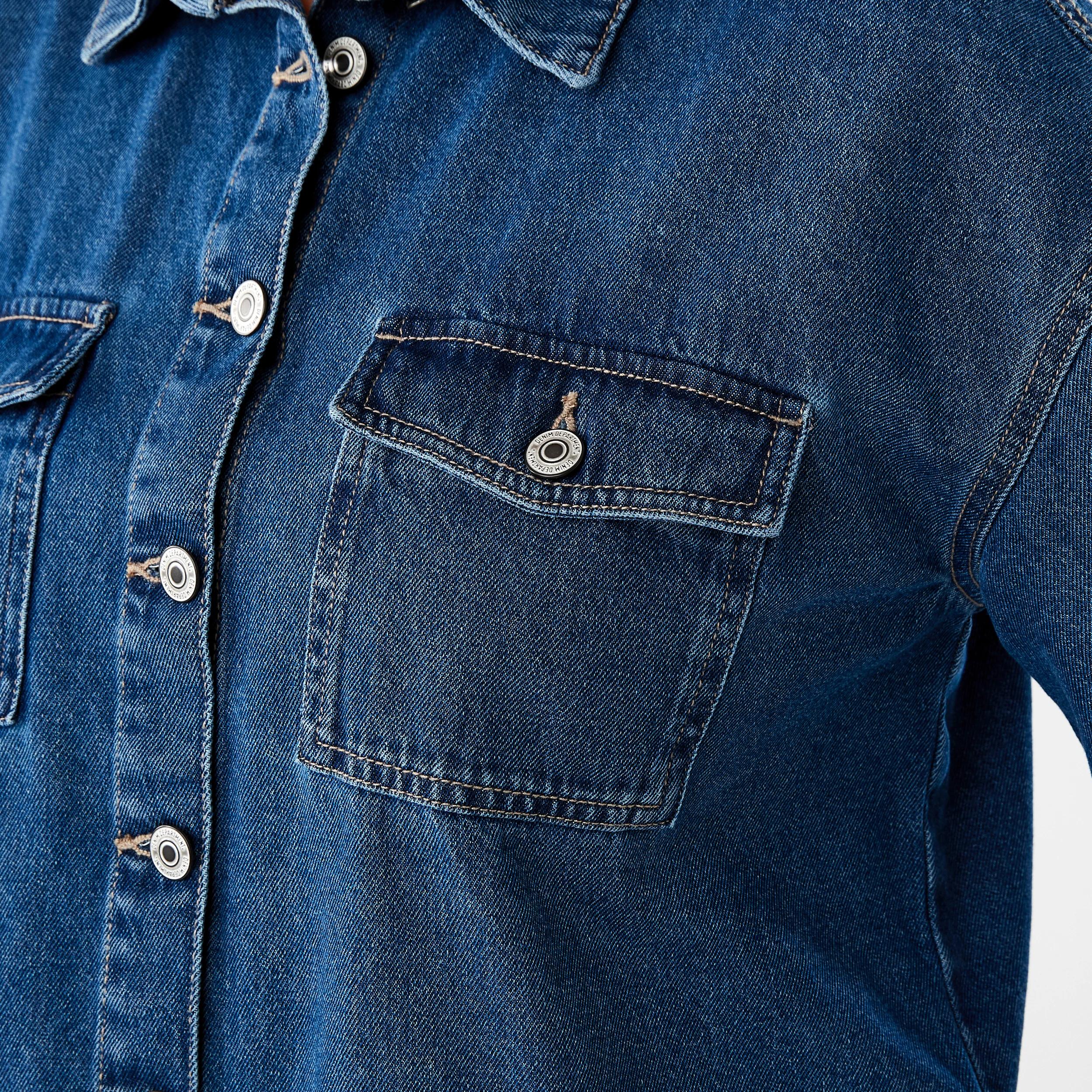 7 Short Sleeve Denim Cropped Shirt MID BLUE DENIM WASH, 7 of 7