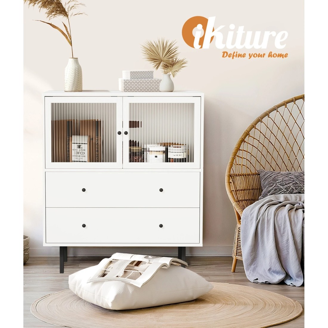 5 Oikiture Sideboard Buffet Storage Cabinet Tempered Glass Door
 - White, 5 of 10