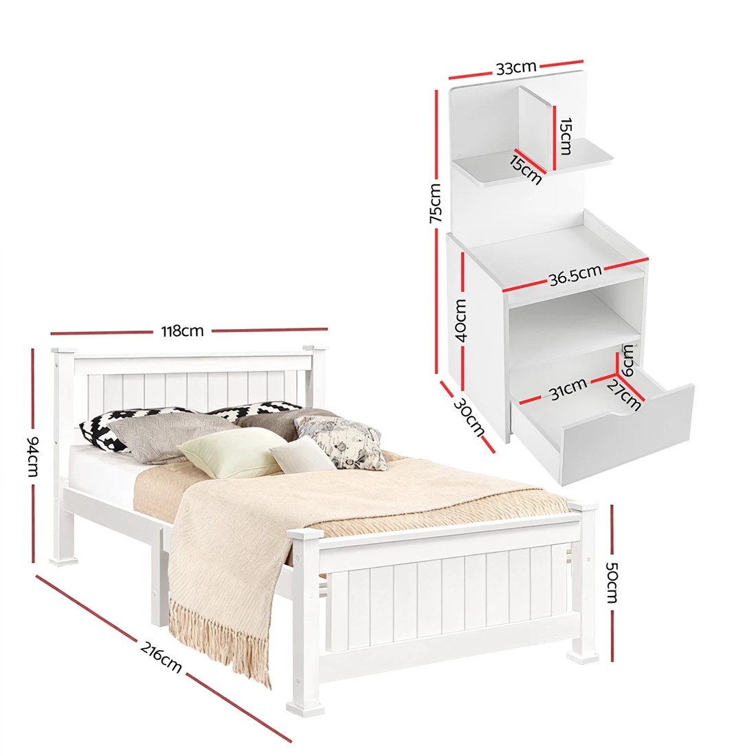 3 Artiss King Single Bed Frame and Bedside Table - White, 3 of 8