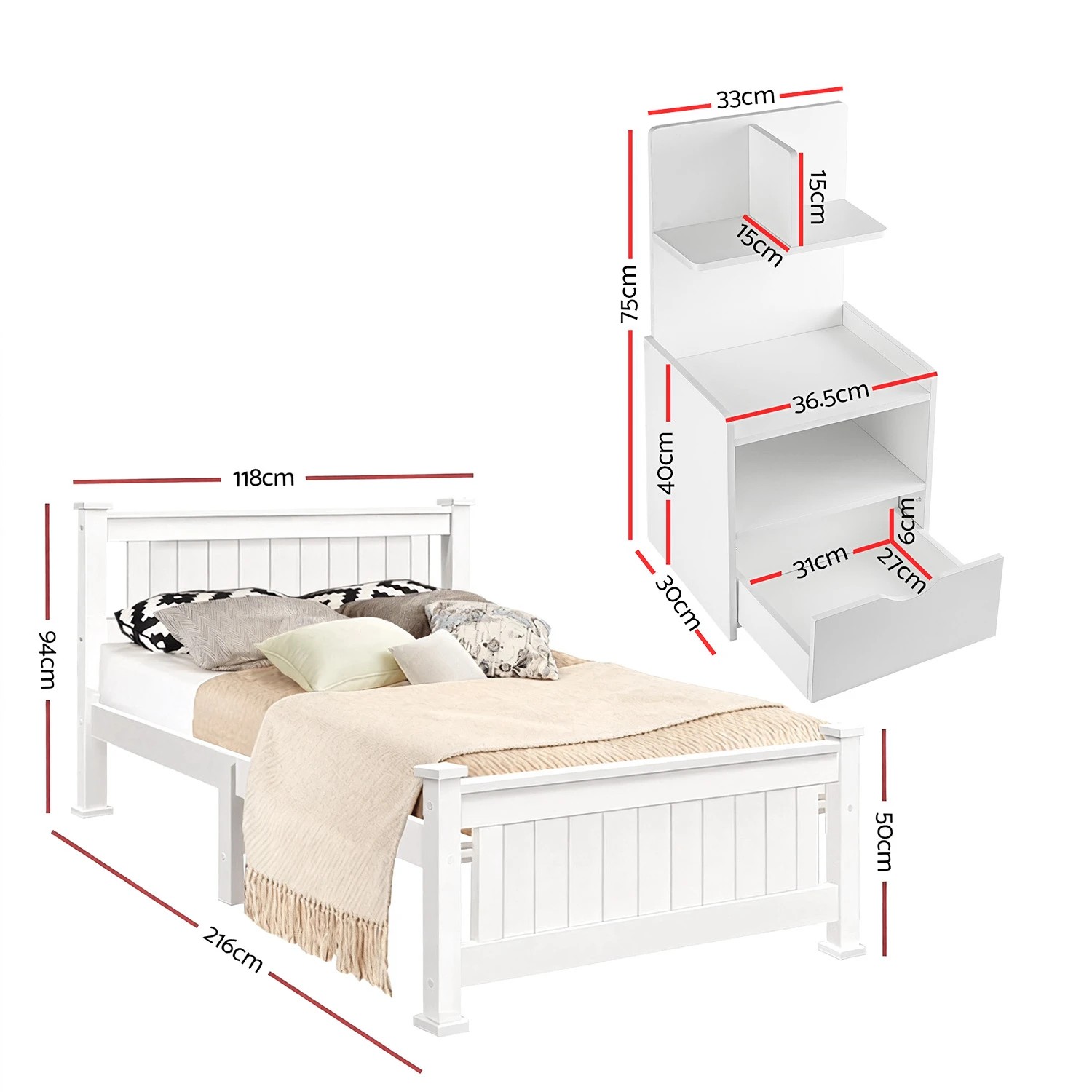 3 Artiss King Single Bed Frame and Bedside Table - White, 3 of 7