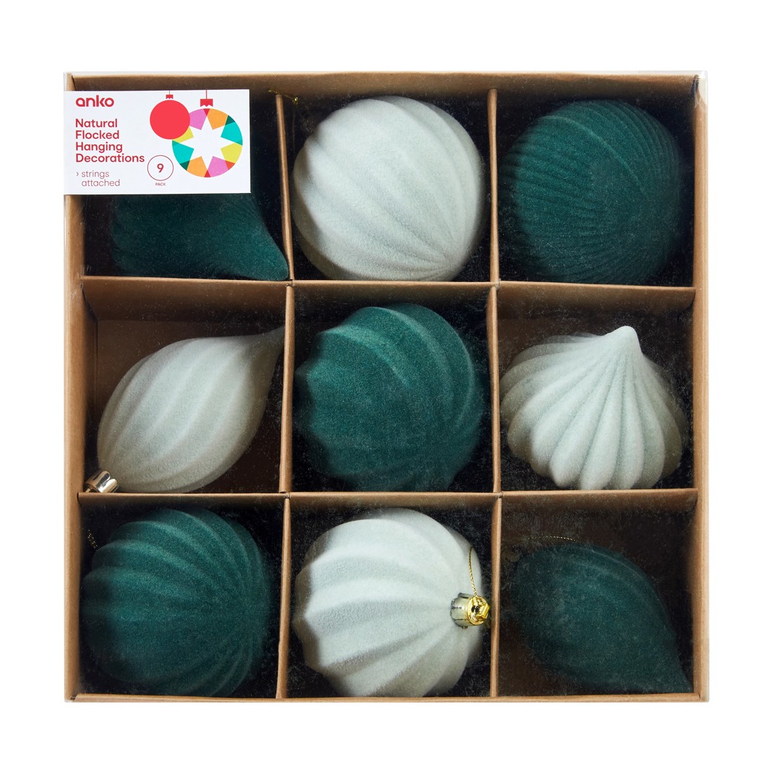 1 9 Pack Natural Flocked Hanging Decorations, 1 of 4