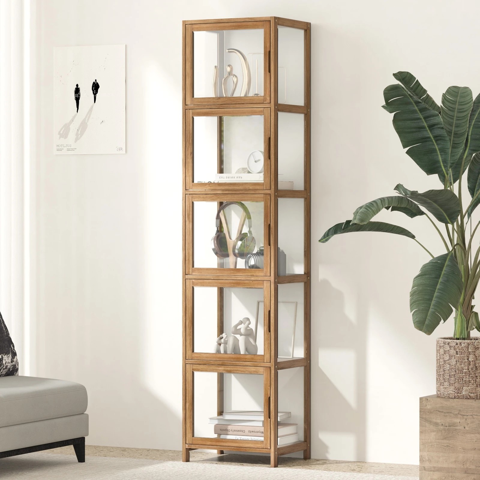 2 Oikiture Display Cabinet 5-tier Slim Storage Shelves Clear Bookcase Rack
 - Natural, 2 of 9