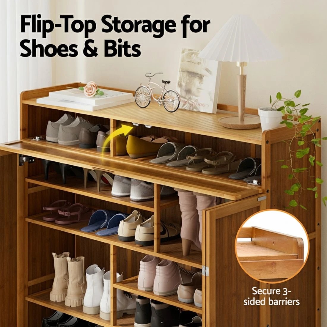 4 Artiss Shoe Rack Cabinet 30 Pairs Storage Cupboard Bamboo - Brown, 4 of 6