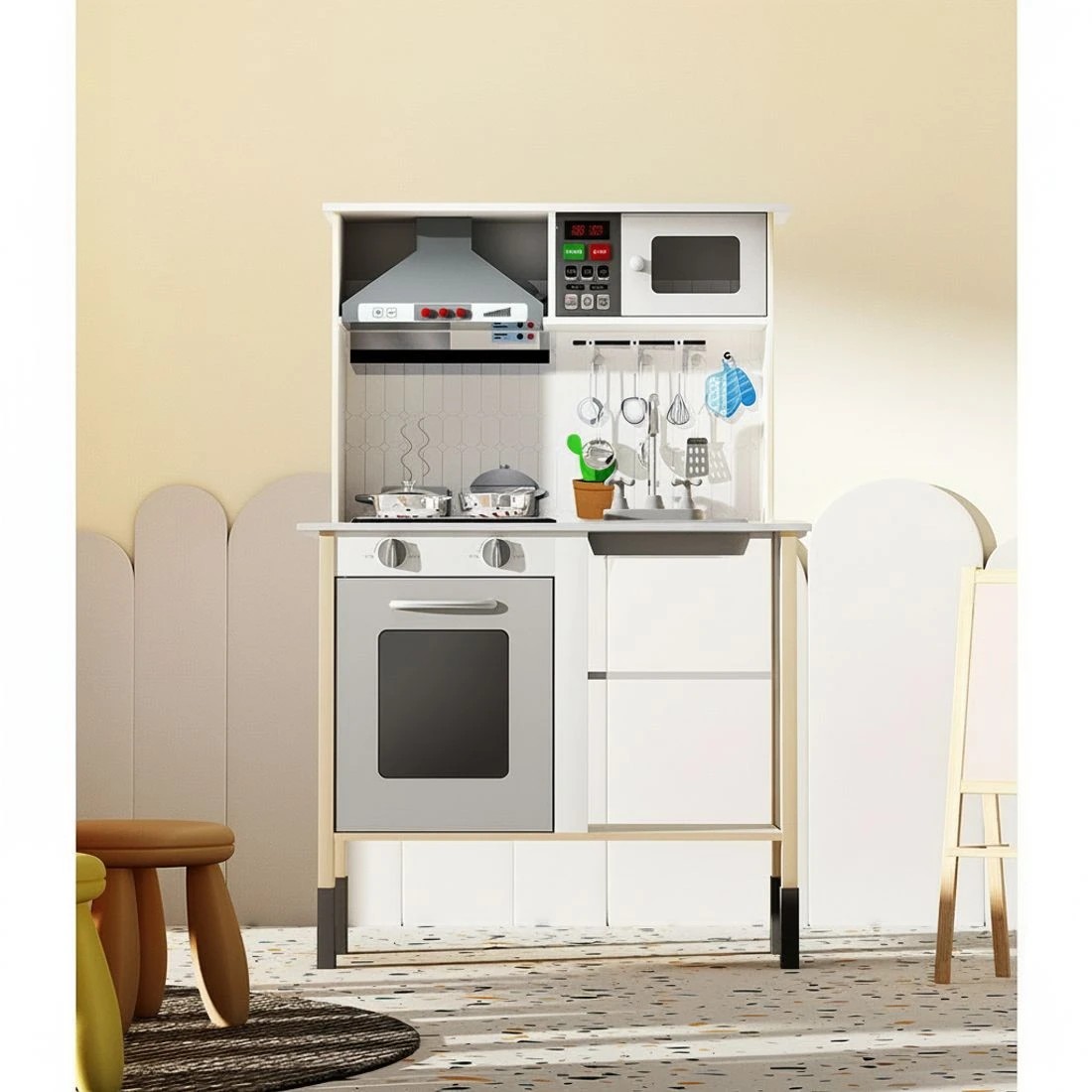 3 Keezi Kids Kitchen Play Set Wooden Pretend Toys Cooking Children Cookware Sink - White, 3 of 5