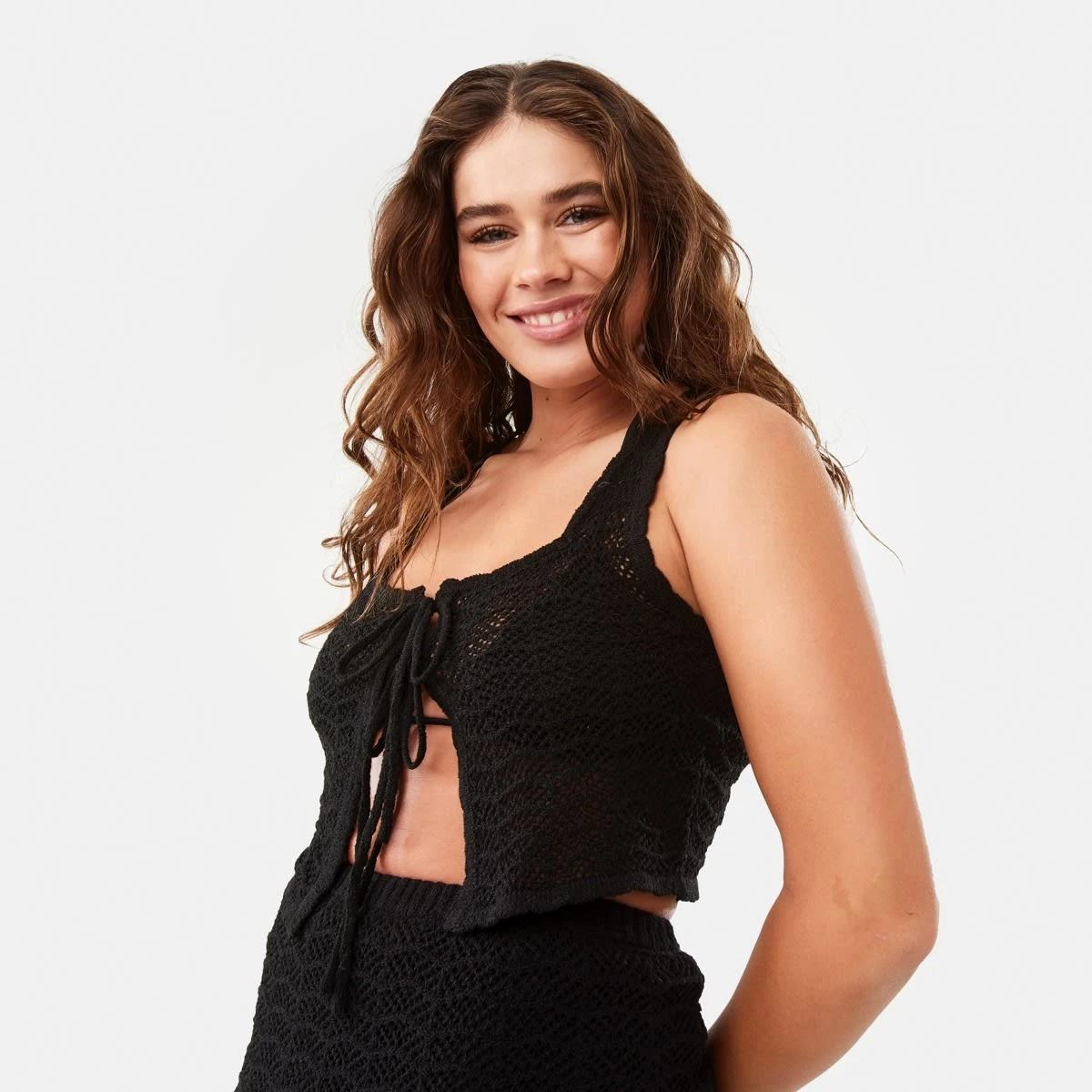 1 Sleeveless True Knit Tie Front Top Black, 1 of 7