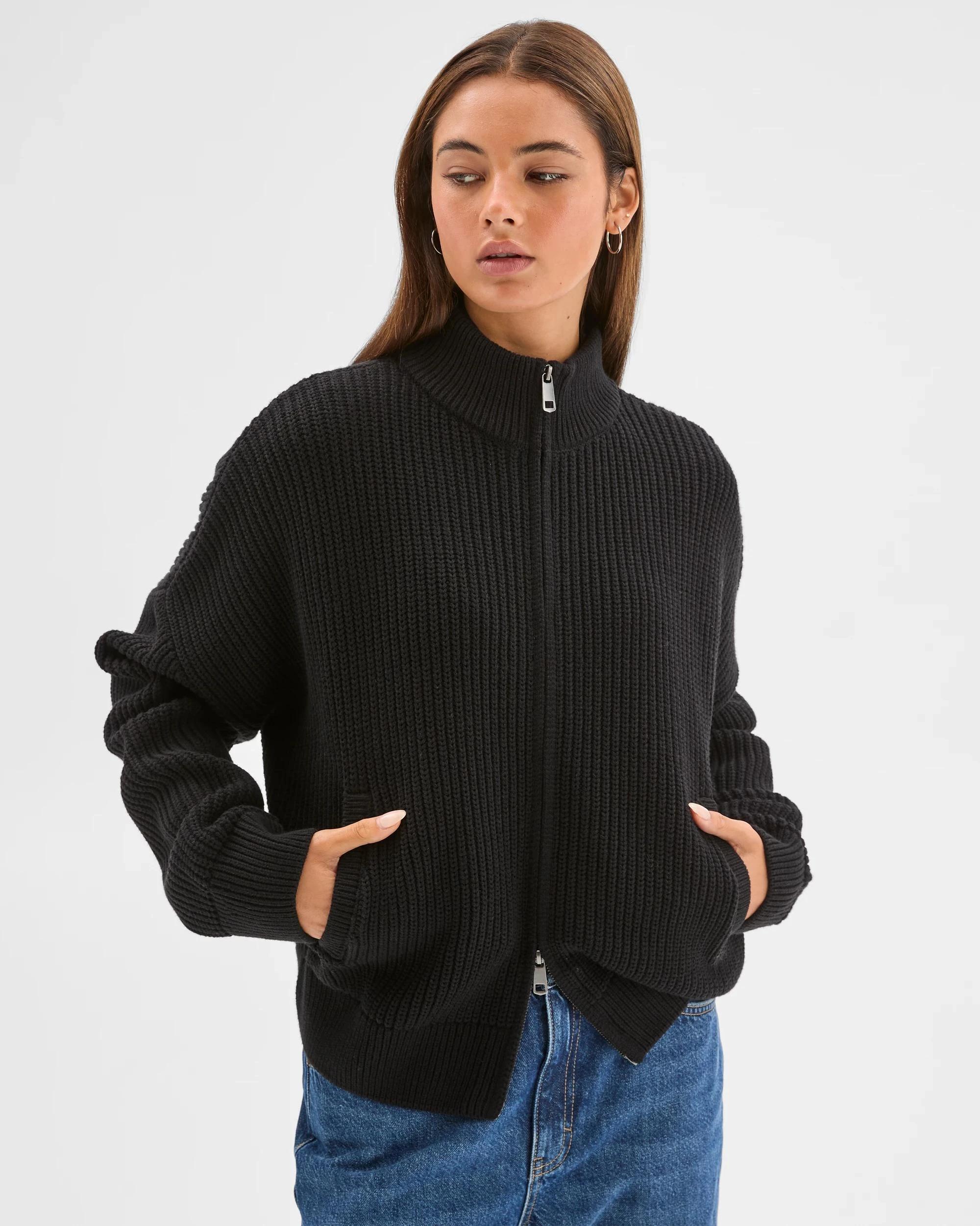 3 Lily Loves Australian Cotton Blend Zip Through Rib Cardigan BLACK, 3 of 7