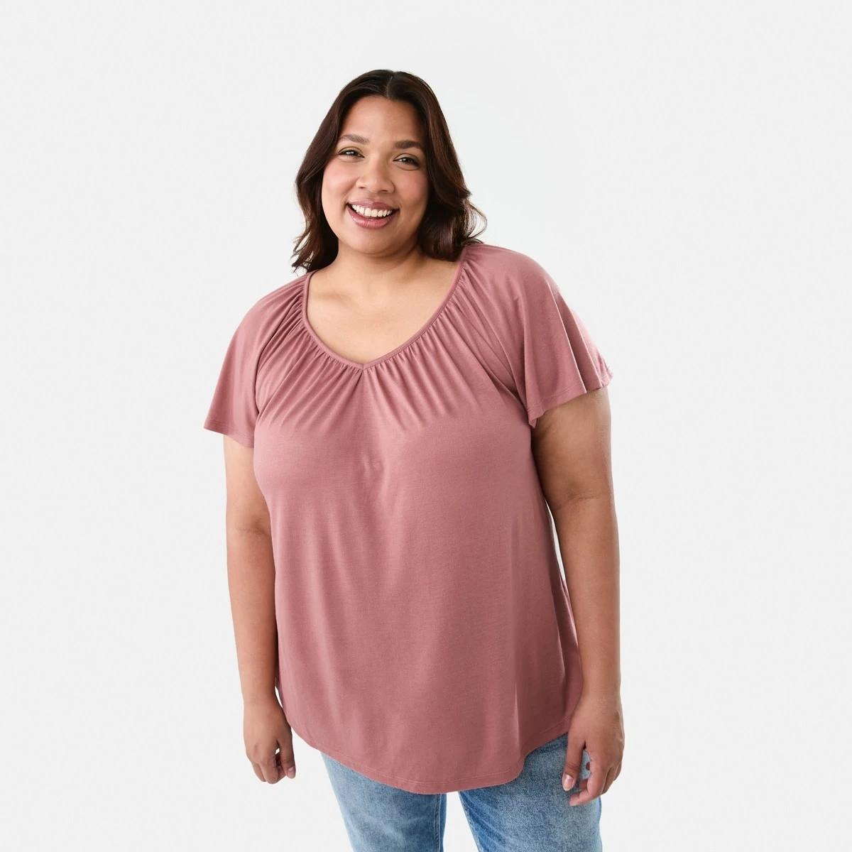 1 Curve Short Flutter Sleeve T-shirt Soft Red, 1 of 5