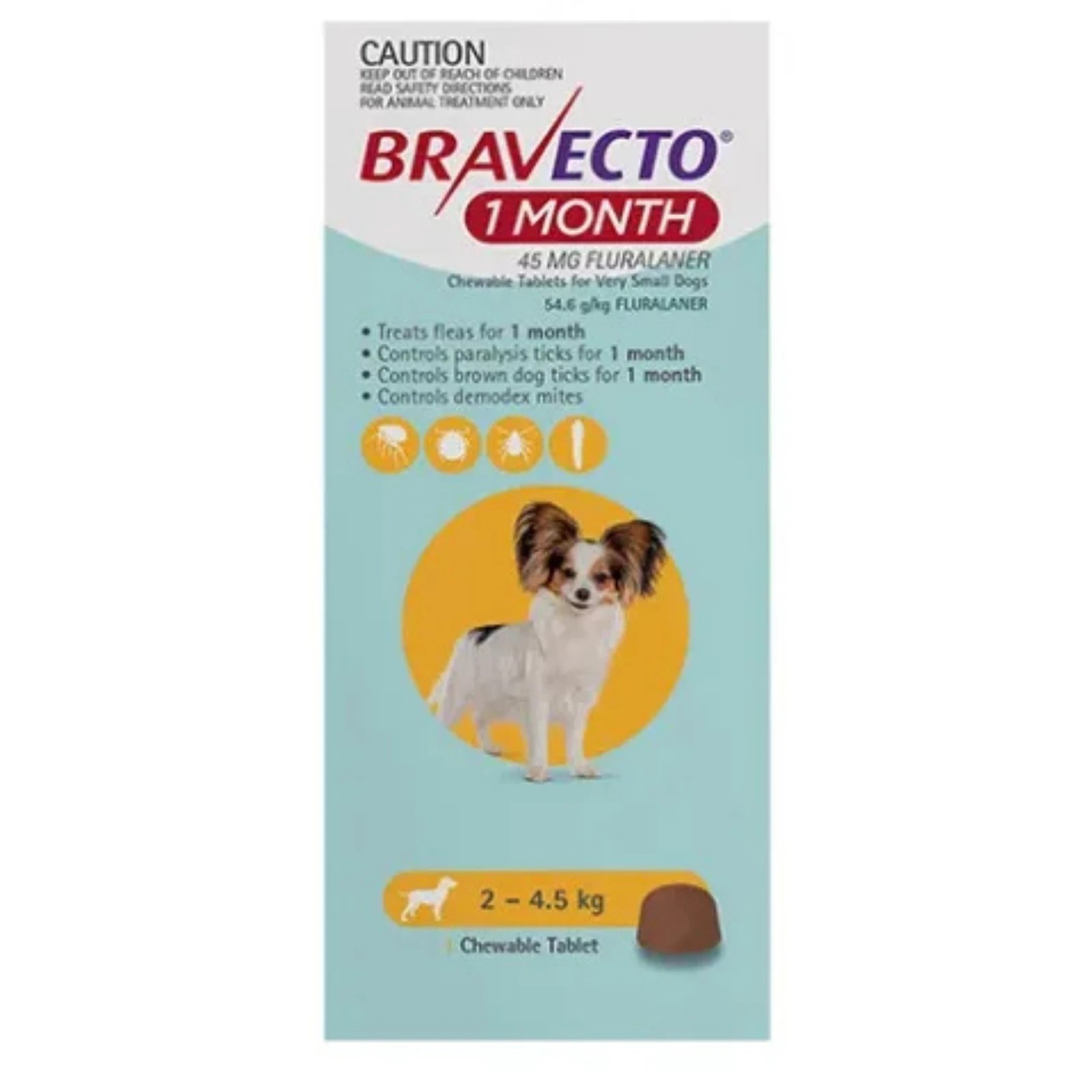 1 Bravecto Chew 1 Month For Dogs Yellow 2-4.5kg - 1 Pack, 1 of 2