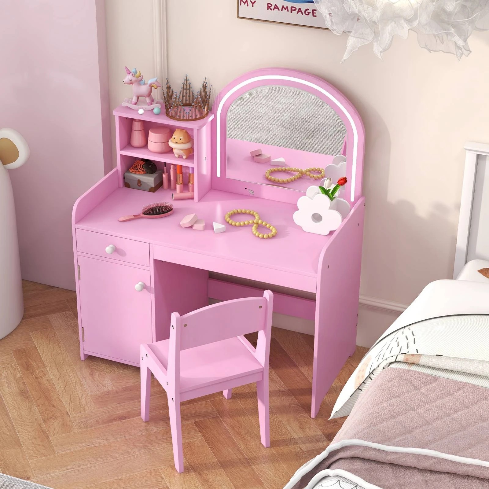 4 Costway Vanity Table & Chair Set Princess Makeup Dressing Table w/2-Color LED Lights - Pink, 4 of 4