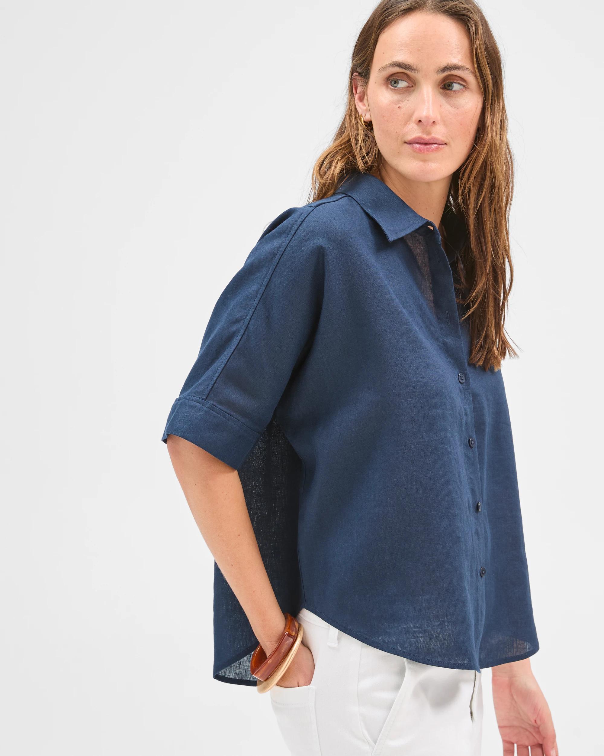 4 Target Woman European Linen Short Sleeve Shirt NAVY BLAZER, 4 of 6