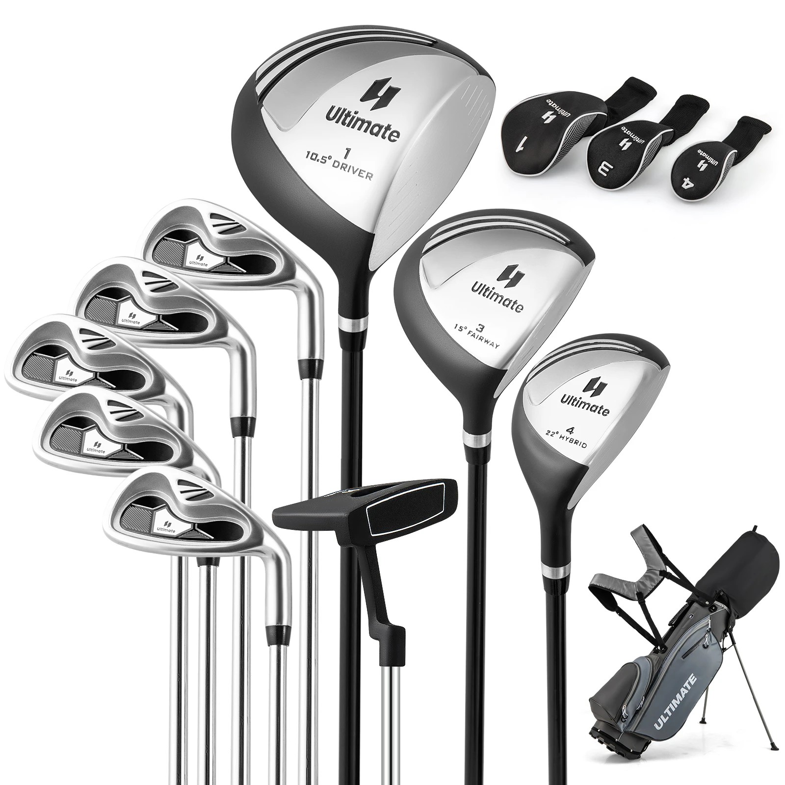 1 Costway Complete Men Golf Clubs Set Starters Pro w/Stand Bag 10PCS Alloy/Graphite Drive Right Hand - Grey, 1 of 1