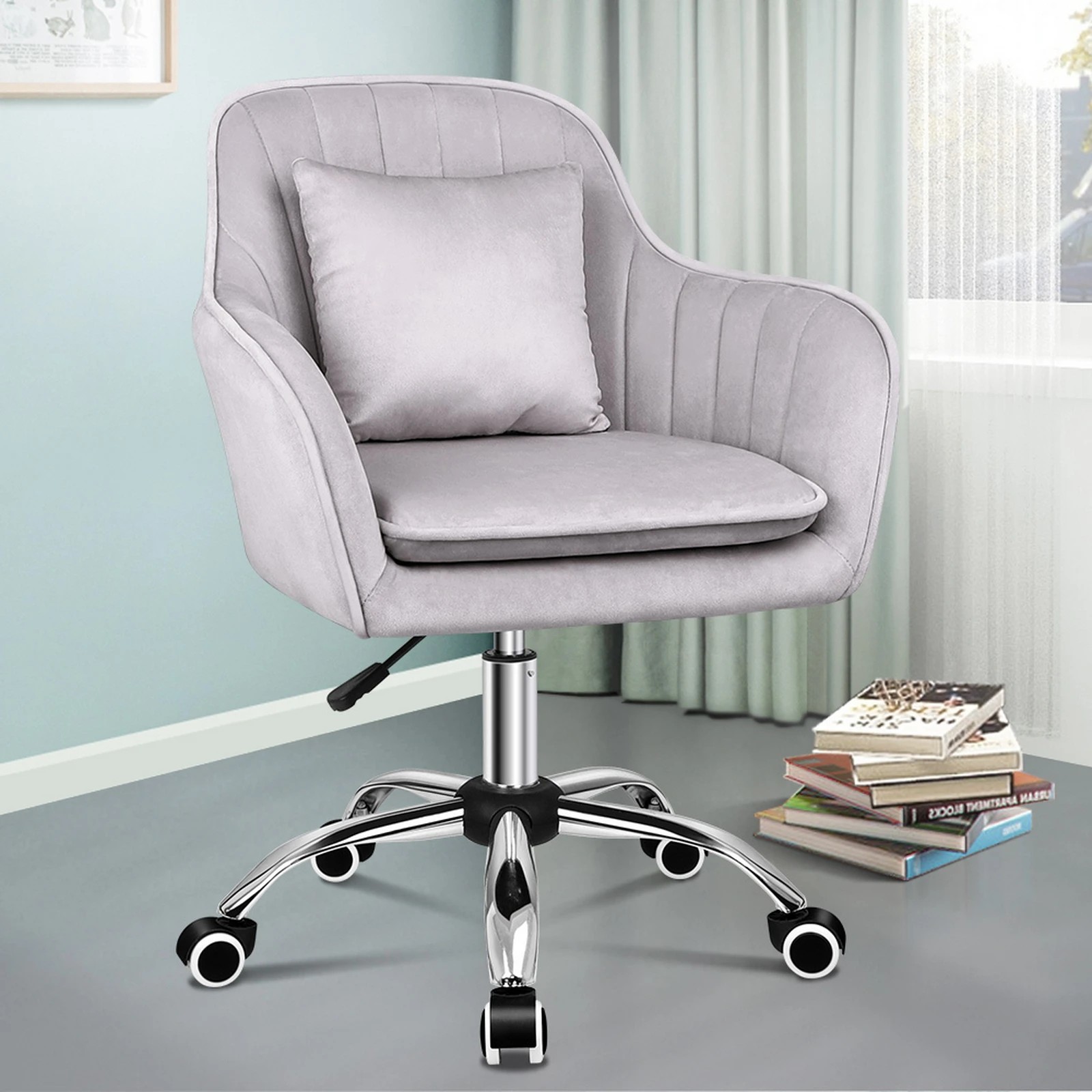 10 Alfordson Velvet Office Chair Fabric Armchair Computer Swivel Adult Kids - Grey, 10 of 10