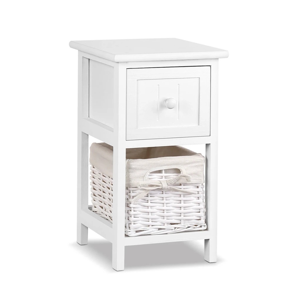 1 Artiss Bedside Table 1 Drawer with Basket Rustic  X2 - White, 1 of 7