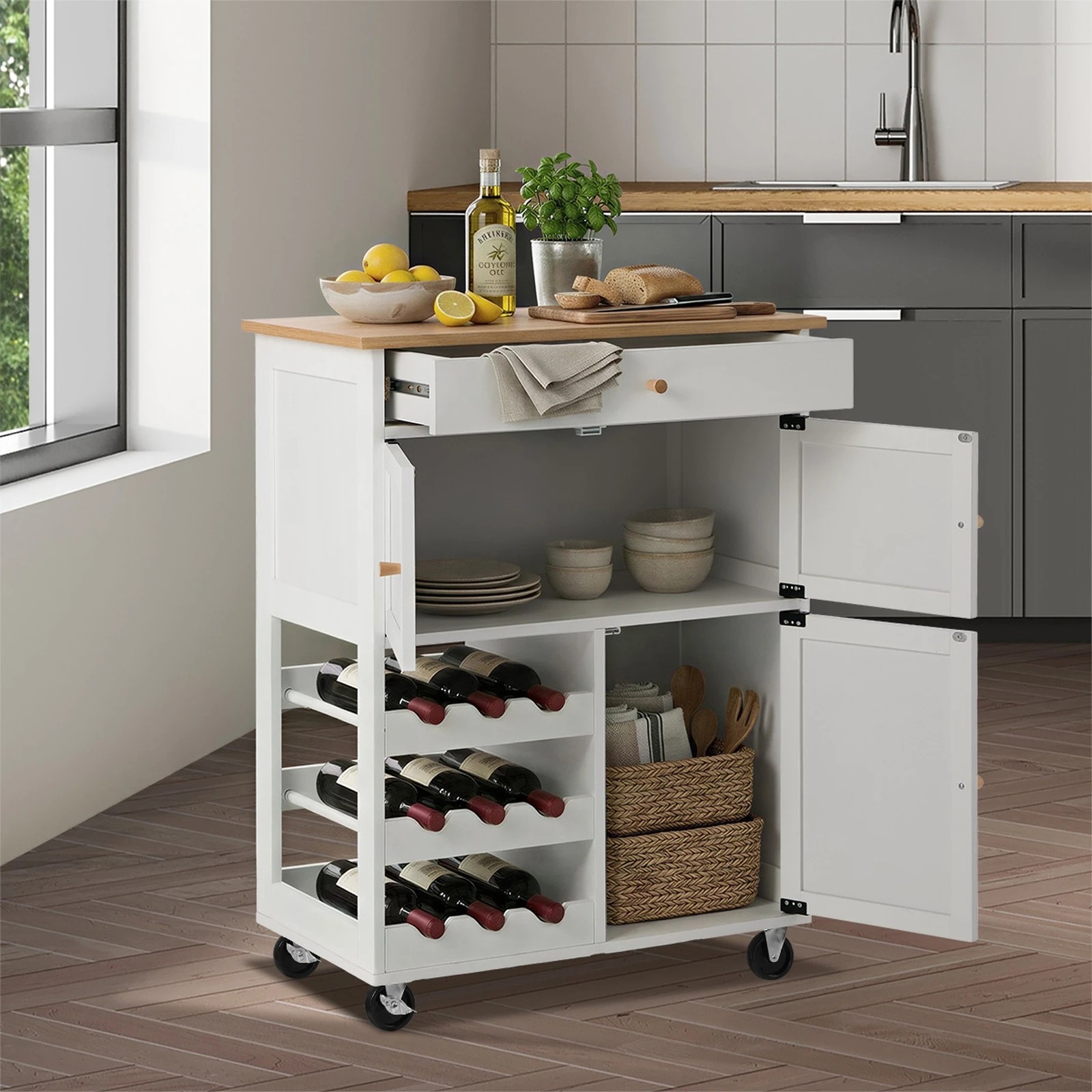 4 Oikiture Kitchen Island Trolley With Wine Rack - White, 4 of 10