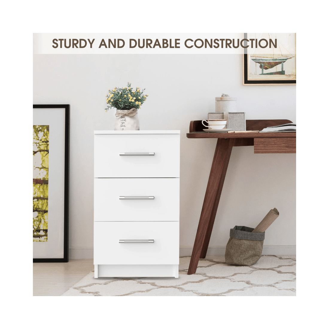 8 Advwin Bedside Table 3 Drawers 66cm Height Nightstand Storage Cabinet
 - White, 8 of 8