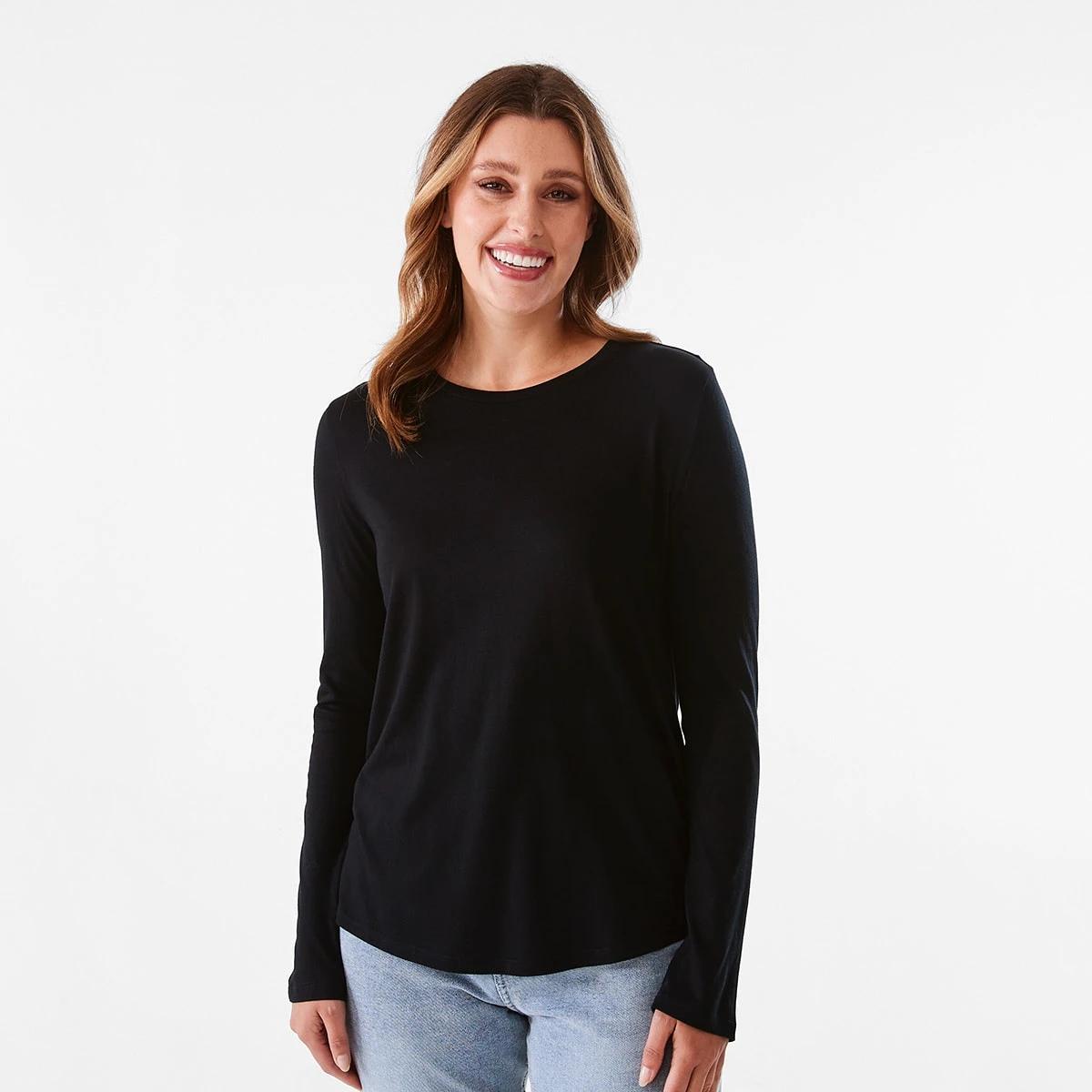 1 Long Sleeve Cotton Modal T-shirt Black, 1 of 5